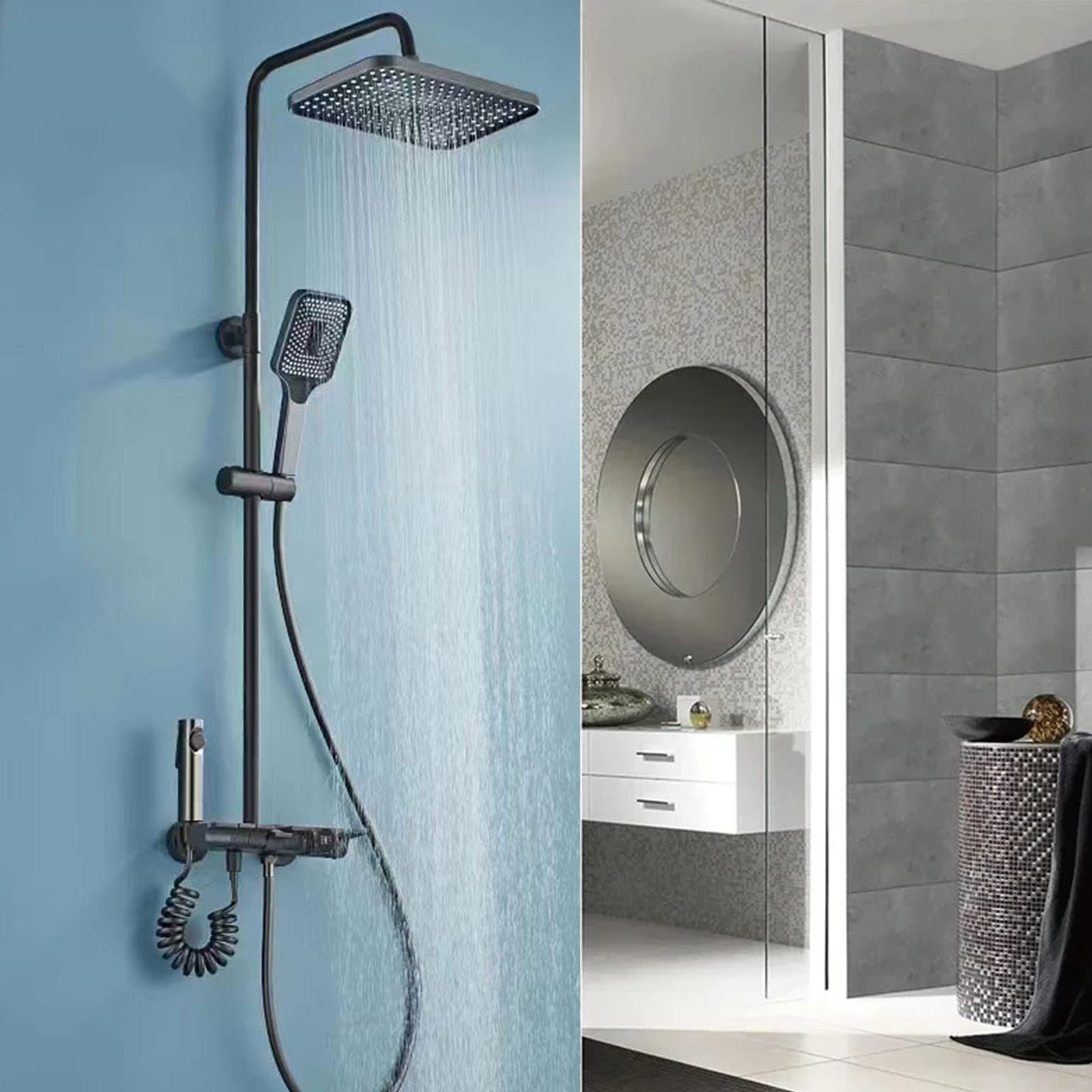 Set Rubinetto Doccia con Display Digitale, Set di Tasti per Pianoforte a 4 funzioni, doccetta a Pioggia, beccuccio per Vasca da Bagno con Bidet, Vasca da Bagno Grigia