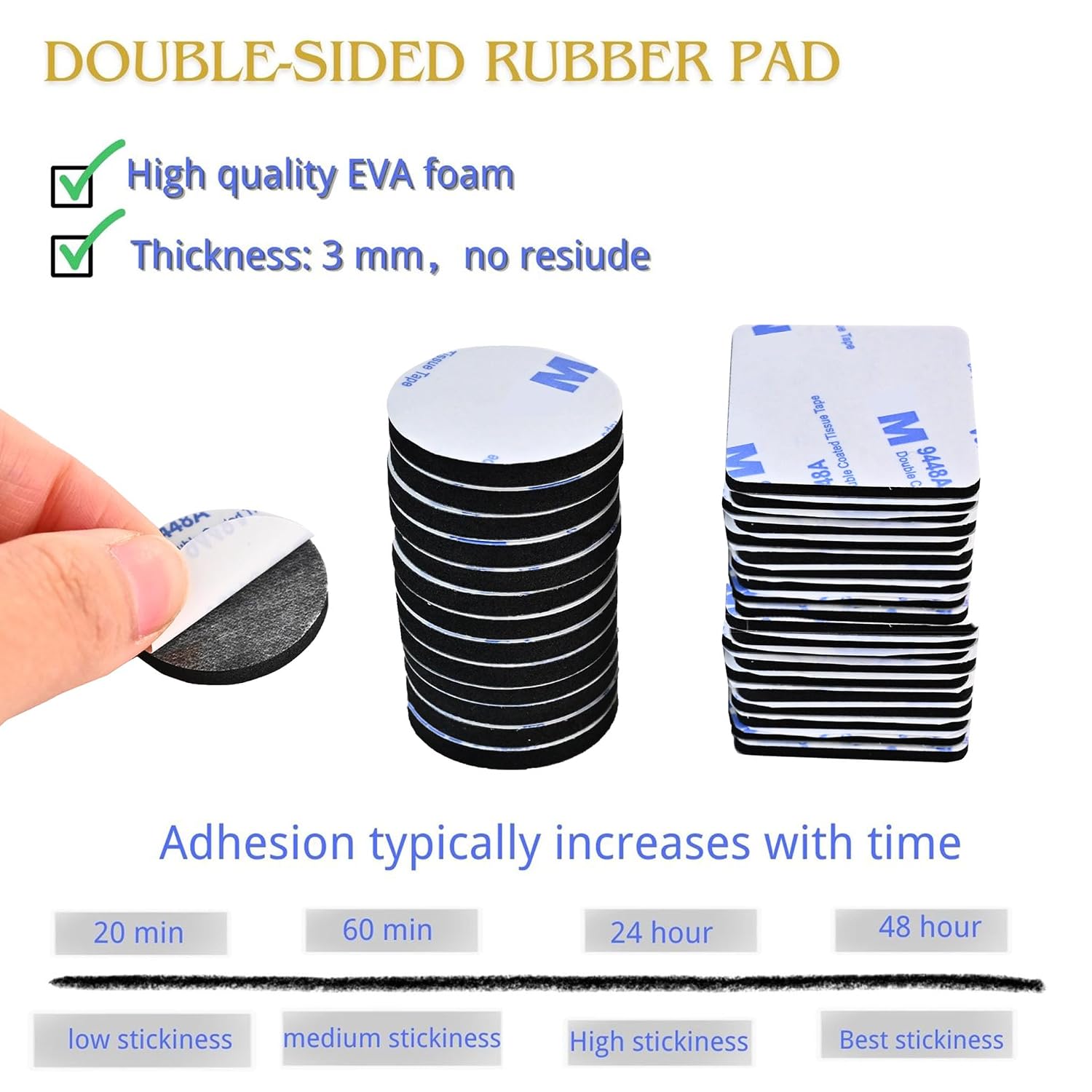 Double Sided Foam Tape,Heavy Duty Mounting Tape,56Pcs 3mm thickness Self-Adhesive Tape,Super-Sticky Black Strong Pads Include Square Round,Waterproof for Walls Door Wood Metals Glass Papers (Black) image 2
