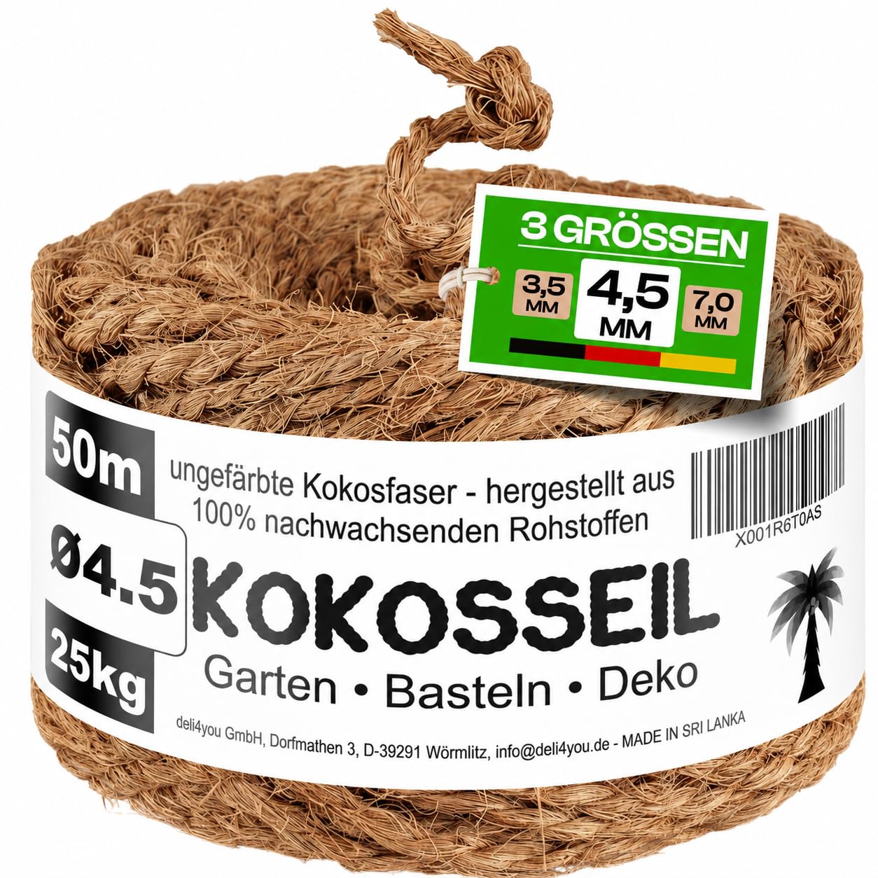 Corde en Fibre de Coco 4,5 mm x 50 m - Ficelle pour Jardinage, Bricolage et Décoration - Corde Arbre à Chat, Ficelle Jardin, Attache Tomate, Tuteur Arbre - Charge maxi : 25 kg