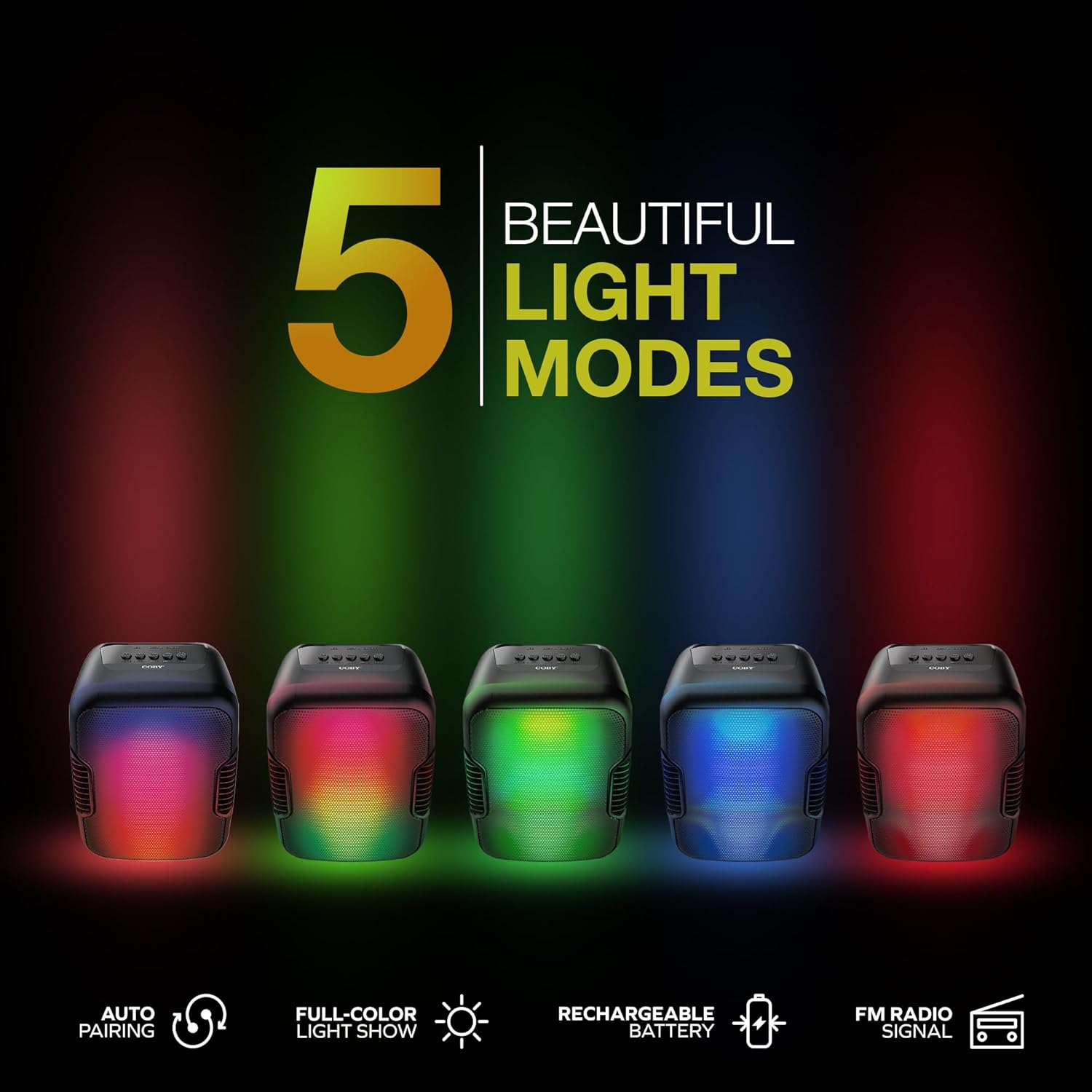 Five Coby speakers showing different light modes