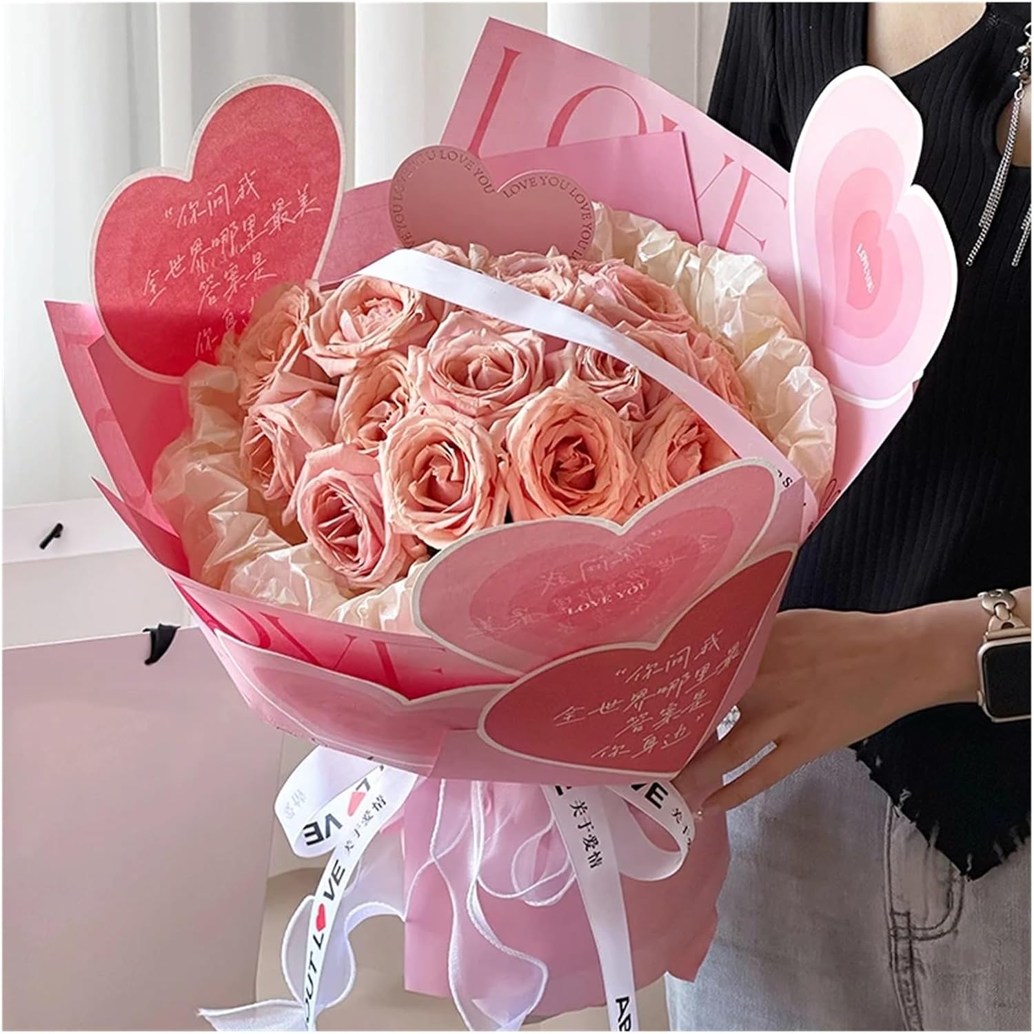 SFCHEN Valentine'S Day Heartbeat Rose Flower Wrapping Paper Art Sweets Aesthetics Supplies DIY Craft Korean Wrapping Paper For Flowers(Pink - Heart)