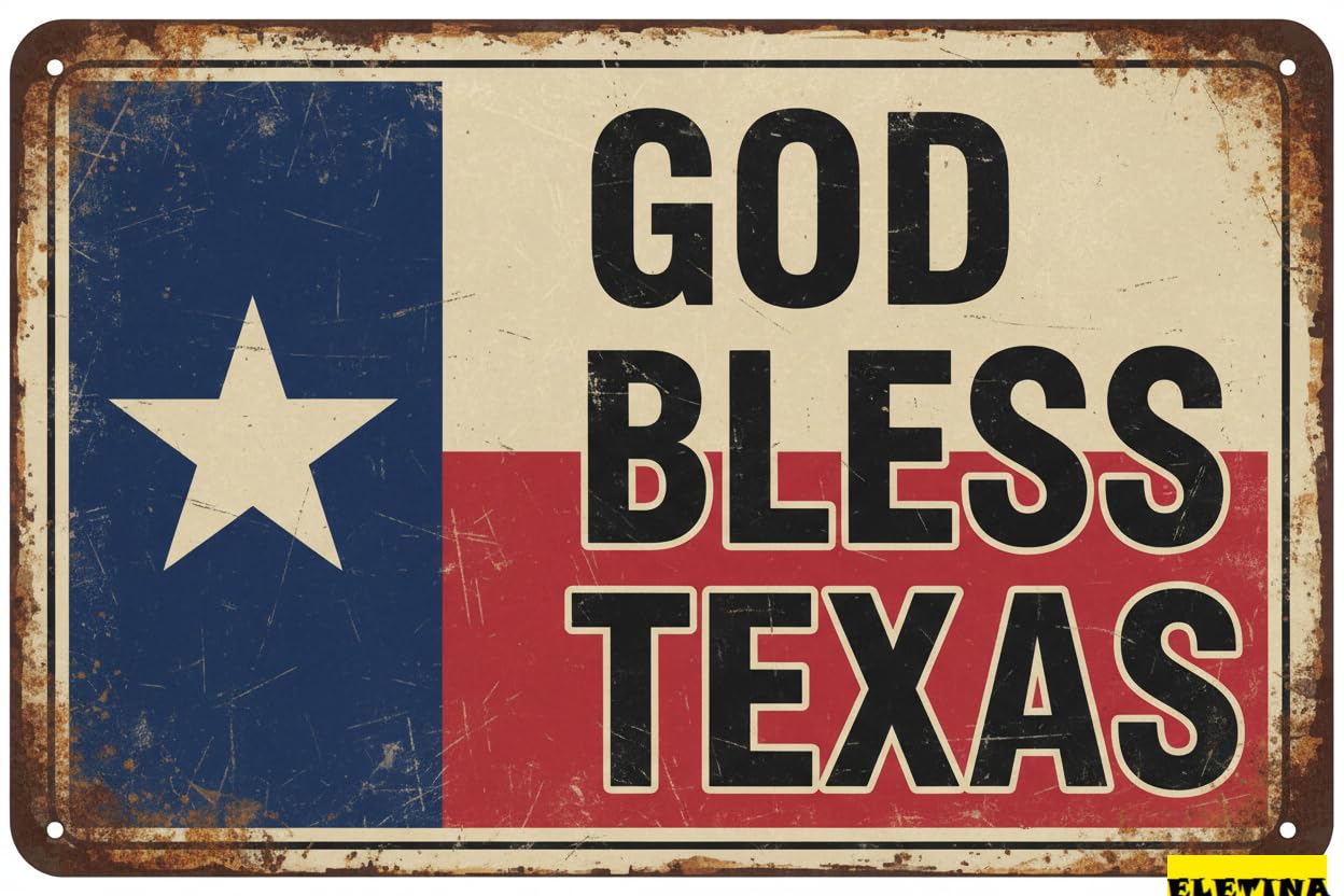 God Bless Texas State Flag Tin Sign, 8x12 Inch