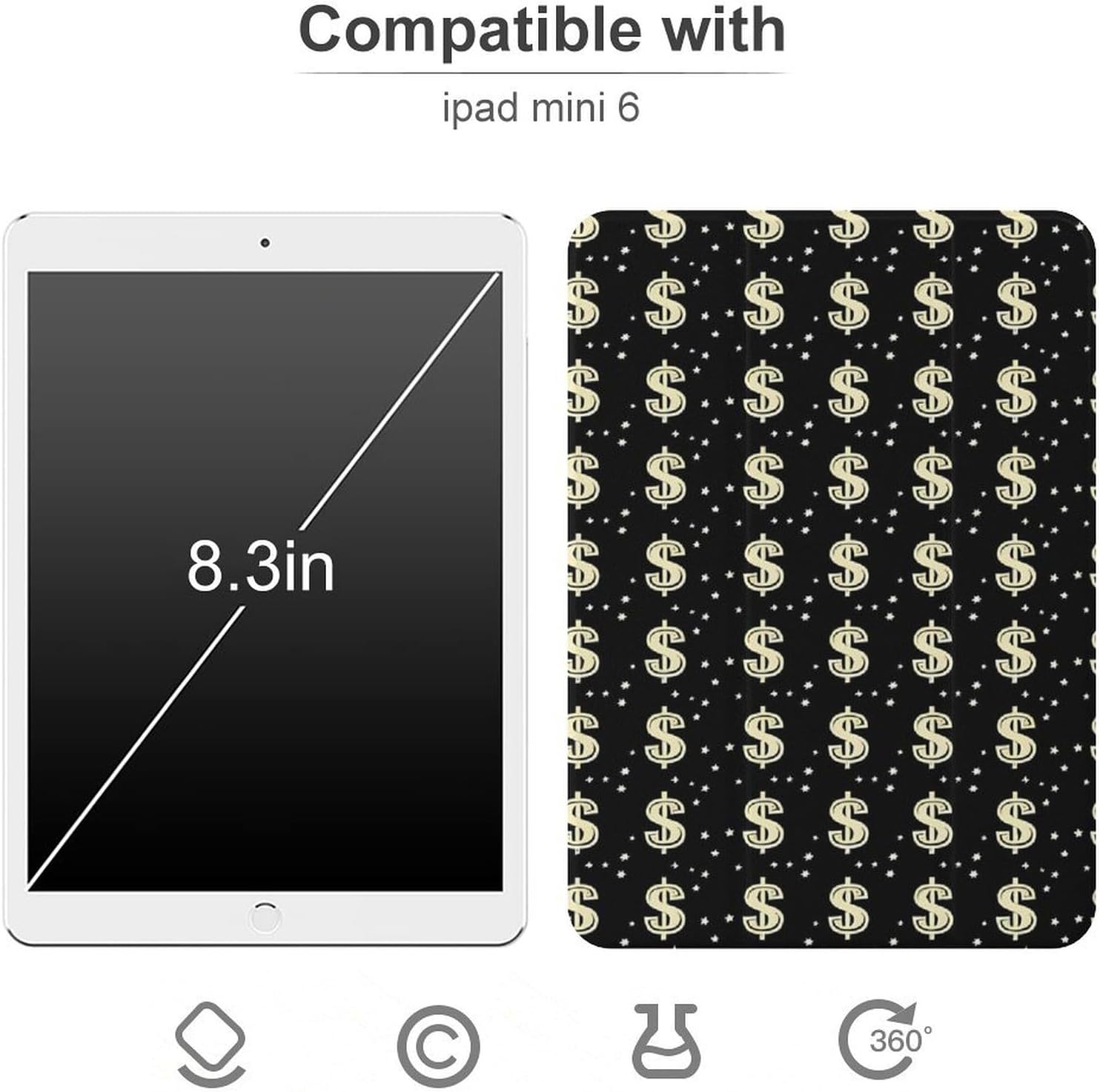 Money Symbol Print Cute Case Compatible for Mini6（8.3in） Trifold Tablet Protective Cover with Pencil Holder