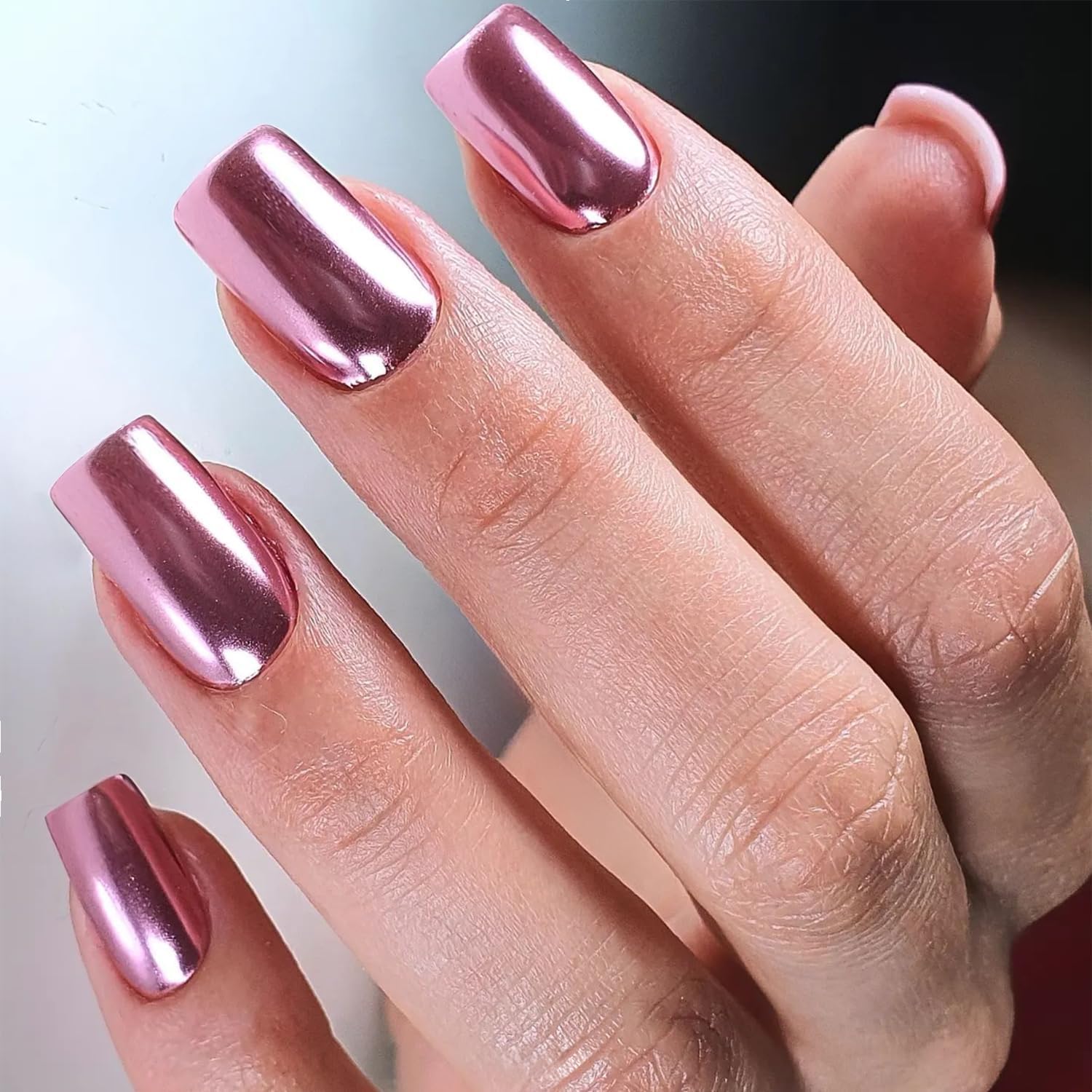 KQueenest Chrome Baby Pink Press on Nails Short Medium Square Glitter Metallic False Nails Medium Coffin - Image 2