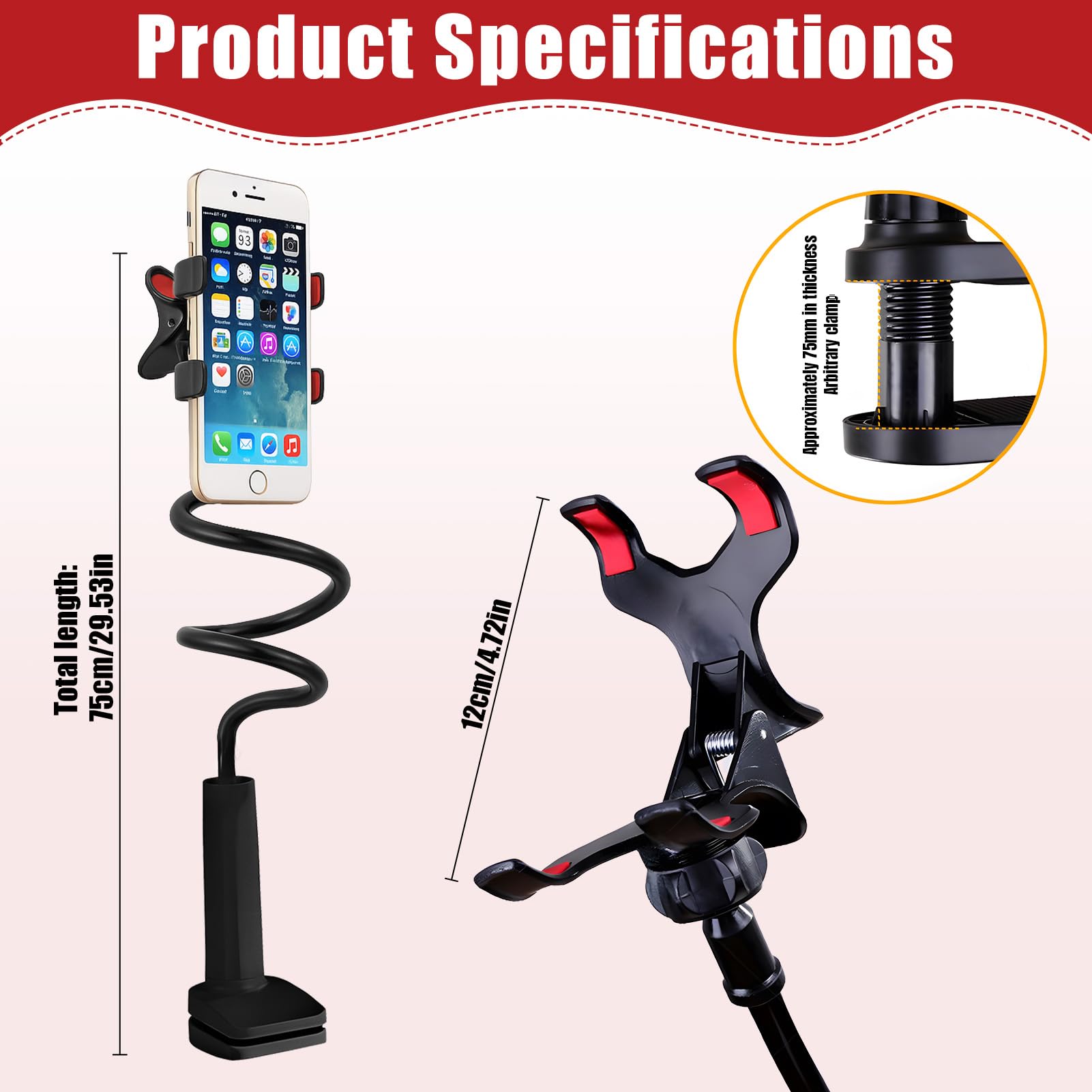 Support Téléphone Lit Pince Forte, Bras Flexible 75cm Antivibration, Support Smartphone Col de Cygne 360°, Support Mains Libres pour Regarder Vidéos, Compatible iPhone Samsung