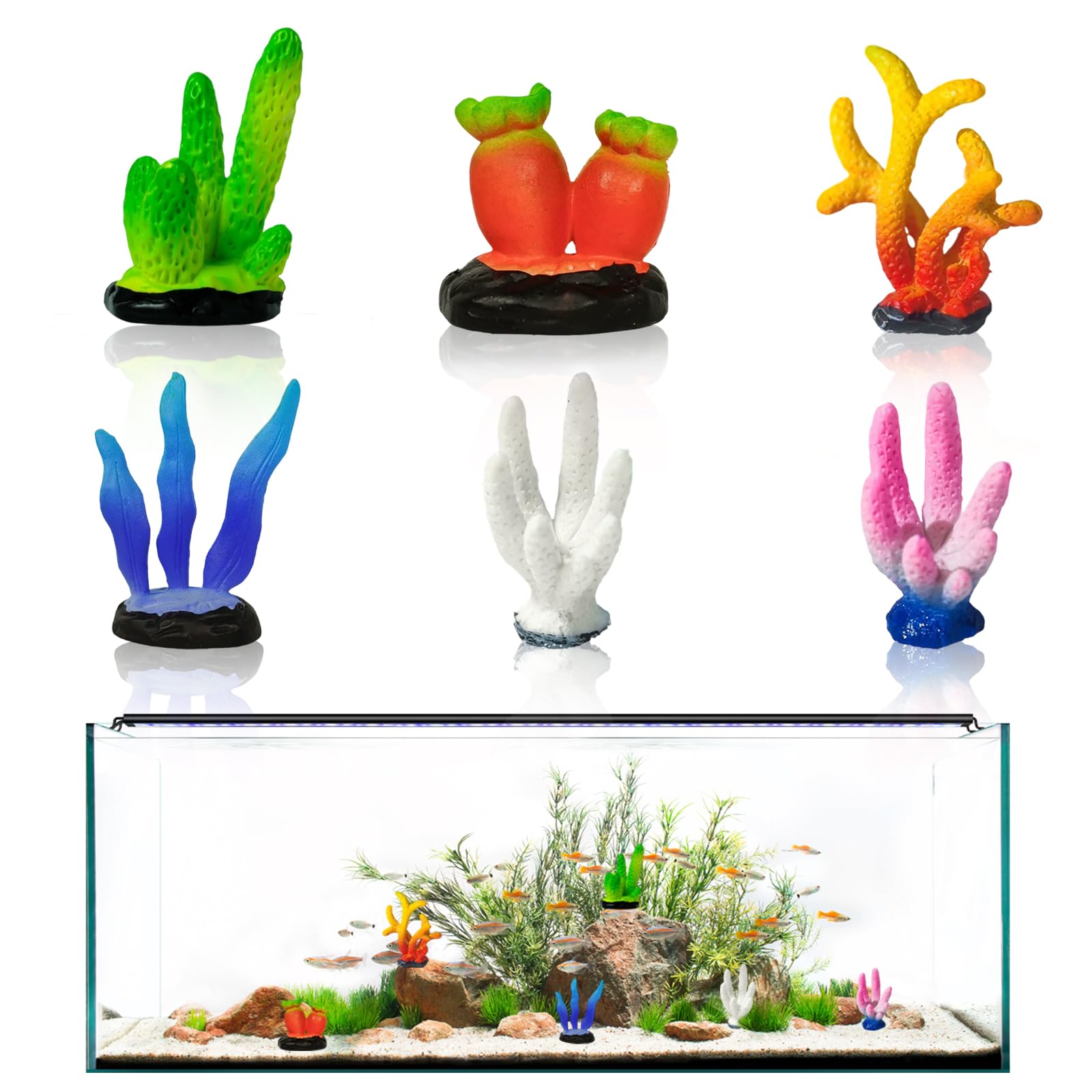 6 Pièces Corail Artificiel pour Aquarium, Ornements en PVC Simulant une Coraux, Décor Résine pour Décoration de Paysage Marin, Multicolore (Vert, Orange, Bleu, Blanc, Rose)