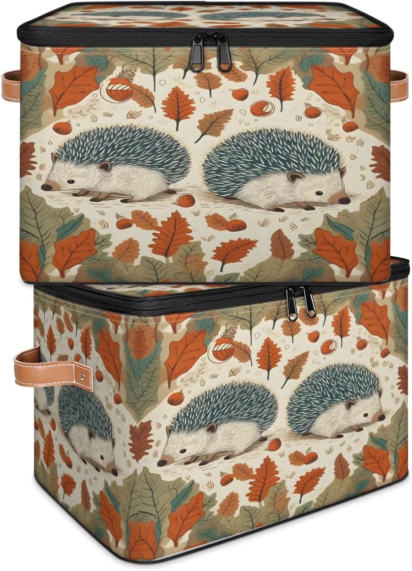 Storage Bin Set of 2 Fall Leaf Hedgehog Storage Basket with Zipper Lid & Handle Foldable Closet Shelf 2 Pack Cloth Organizer Basket Cube Bins Clothes Organizer for Bedroom, Nursery