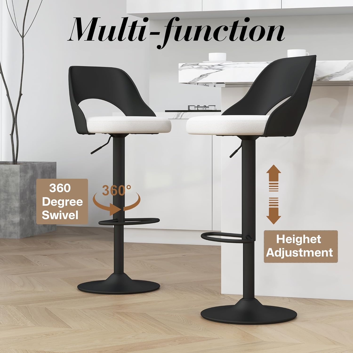 Modern Barstools Set of 3, Height Adjustable Swivel Counter Bar Stool with Hollowed-Out PP Back, Upholstered Bar Chair with Black Metal Base Footrest, Black Back