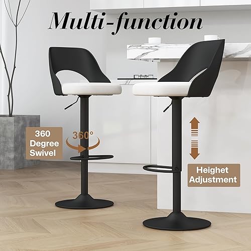 Miniatura 6 de Juego de 3 taburetes de bar modernos giratorios de altura ajustable con respaldo negro de polipropileno hueco, silla de bar tapizada con base de