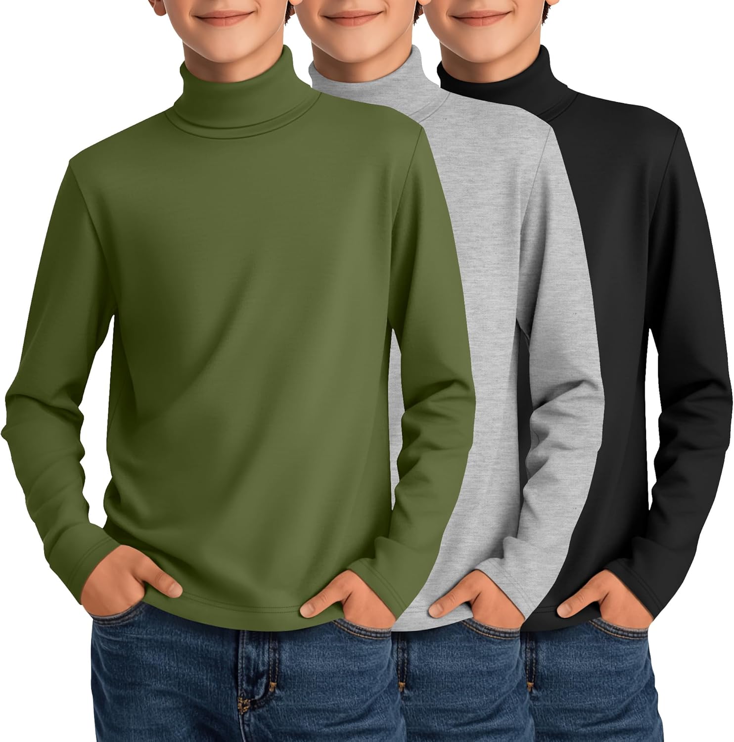 3 Pack Boys Turtleneck Tops Kids Long Sleeve Shirts Turtle Neck Pullover Undershirt Youth Basic Layer Warm Tops