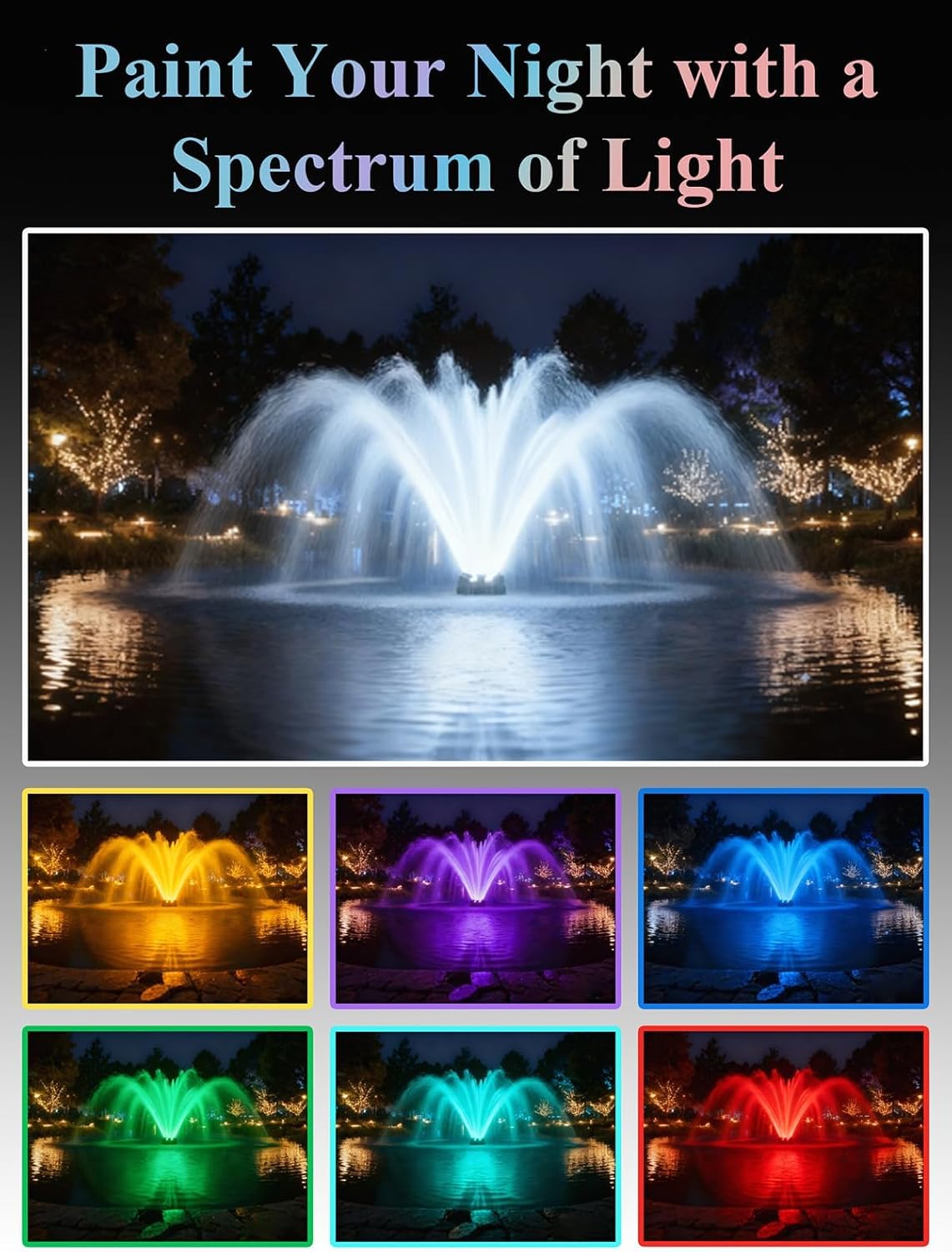 Pond Fountain Aerator with Lights, 1 HP with Dynamic RGB Lighting, Adjustable Modes, Digital Timer, for Large Ponds, Lakes & Outdoor Water Features, 15,000 GPH, 750W 110V, 100FT Cord