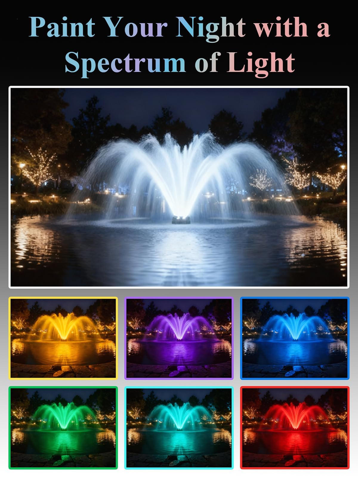 Teichbrunnenbelüfter mit Lichtern, 1 PS mit dynamischer RGB-Beleuchtung, einstellbaren Modi, digitaler Timer, für große Teiche, Seen und Wasserspiele im Freien, 15.000 GPH, 750 W 110 V, 30 m Kabel