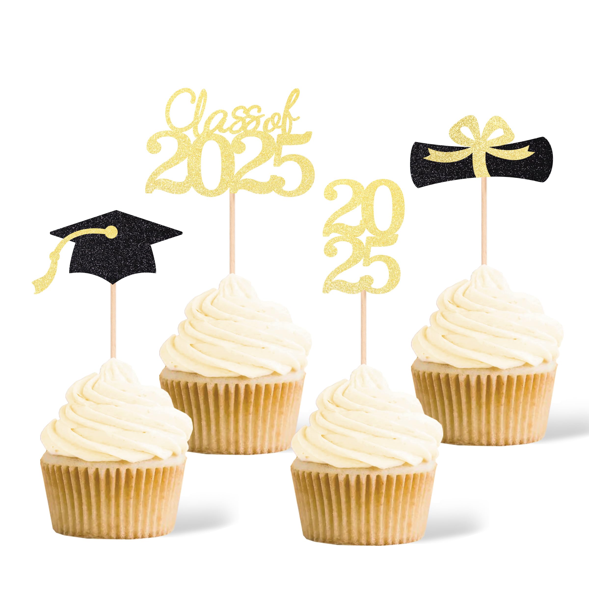 Class of 2025 Graduation Party Decoration Cupcake Toppers, Double-Sided Diploma Grad Cap Cake Toppers for Graduation Party 2025 Cake Picks Graduation