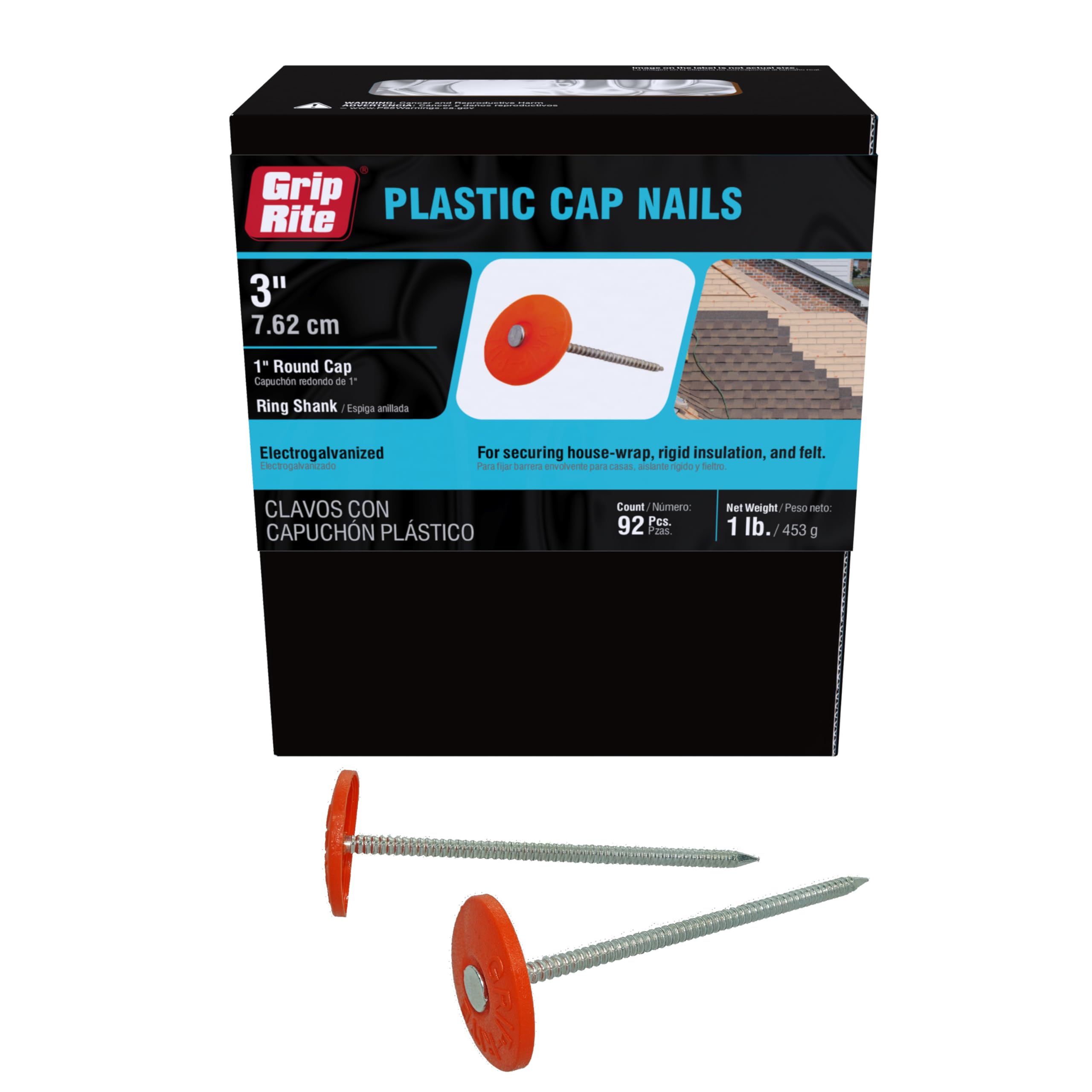 Grip Rite 3PRCAP1 1.150 lb Electro Galvanized Round Plastic Grip-Cap Nail, 3"