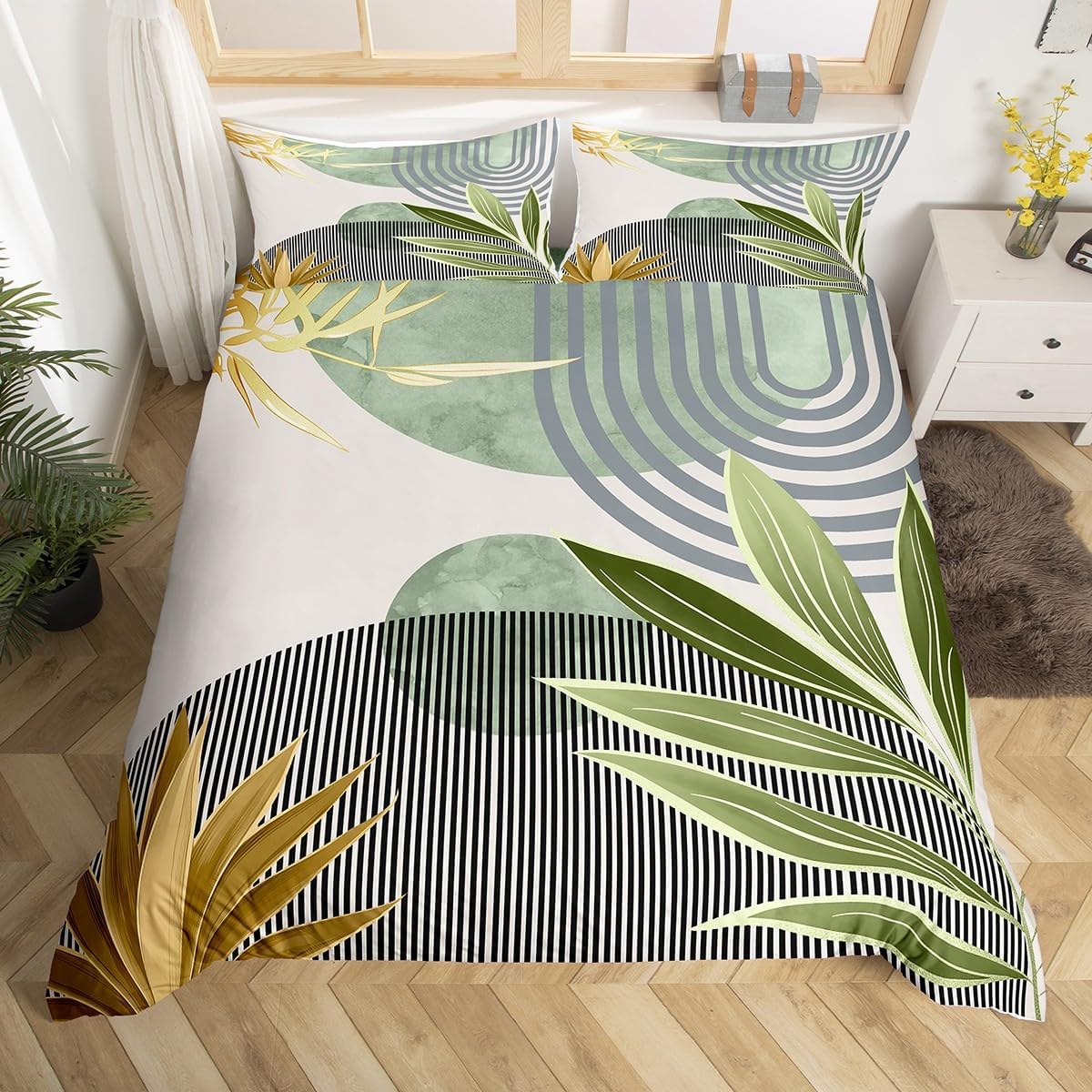Erosebridal Mid Century Boho Comforter Cover Queen Size Modern Geometric Duvet Cover,Minimalist Bedding Set Abstract Retro Sun Aesthetic Arch Curve Leaves Bed Set,Green Gold