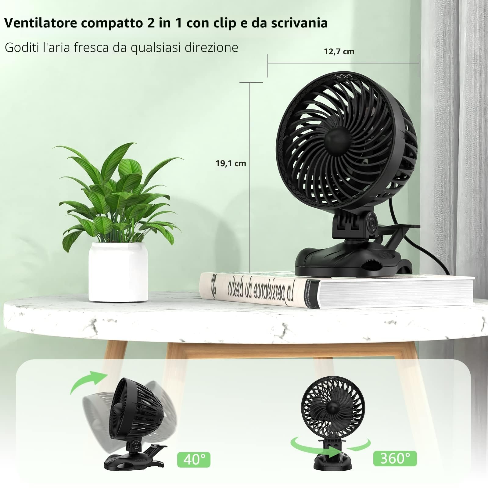 OUILA Ventilatore USB, Mini Ventilatore da Tavolo, 9 Velocità Fan con Clip, Rotazione a 360° Piccolo Fan per Camera da Letto, Casa, Ufficio, Auto, Campeggio - Nero (USB Alimentato)