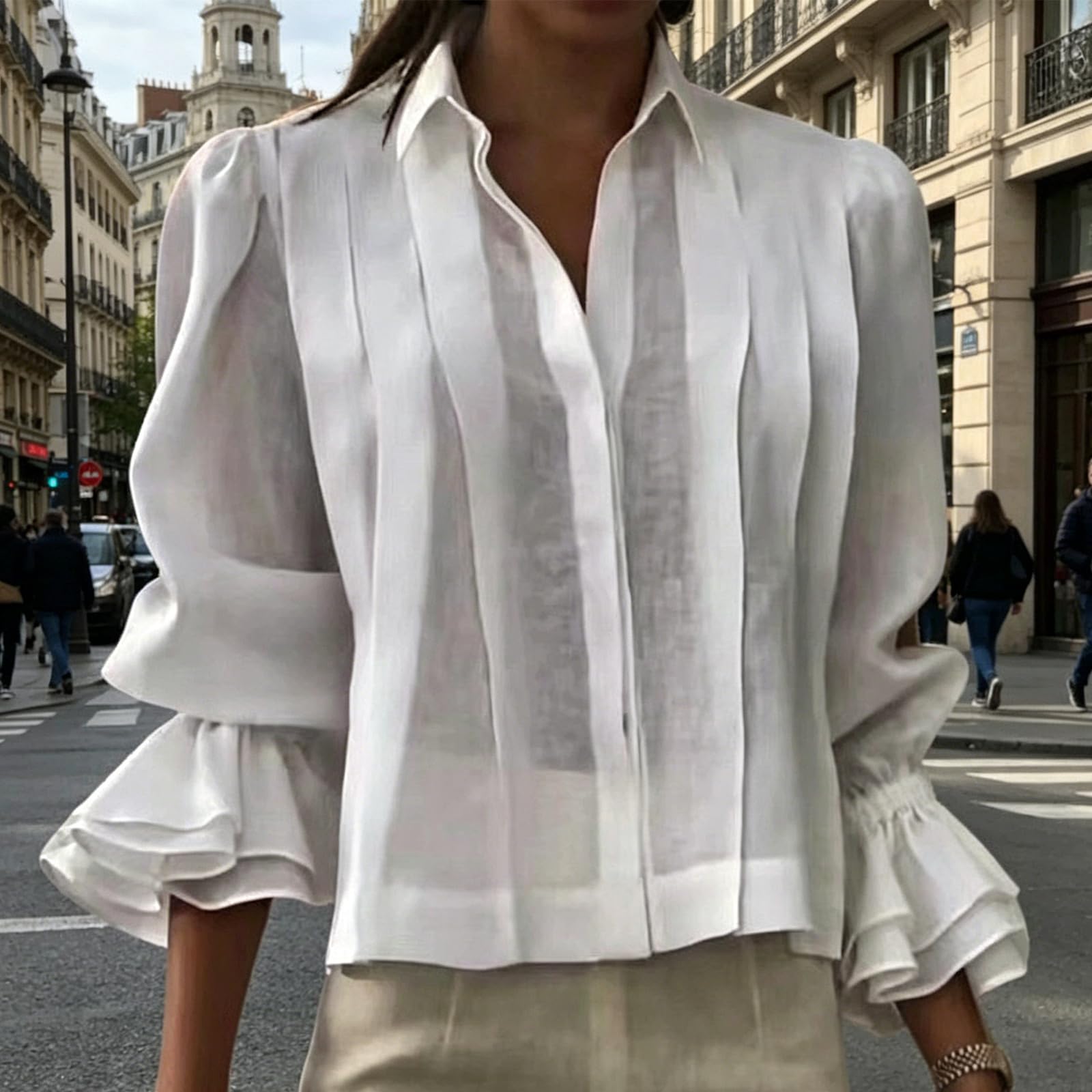Camicia da donna con bottoni e risvolto, camicetta trasparente con pannello plissettato, sensazione in morbido misto cotone e camicia da lavoro