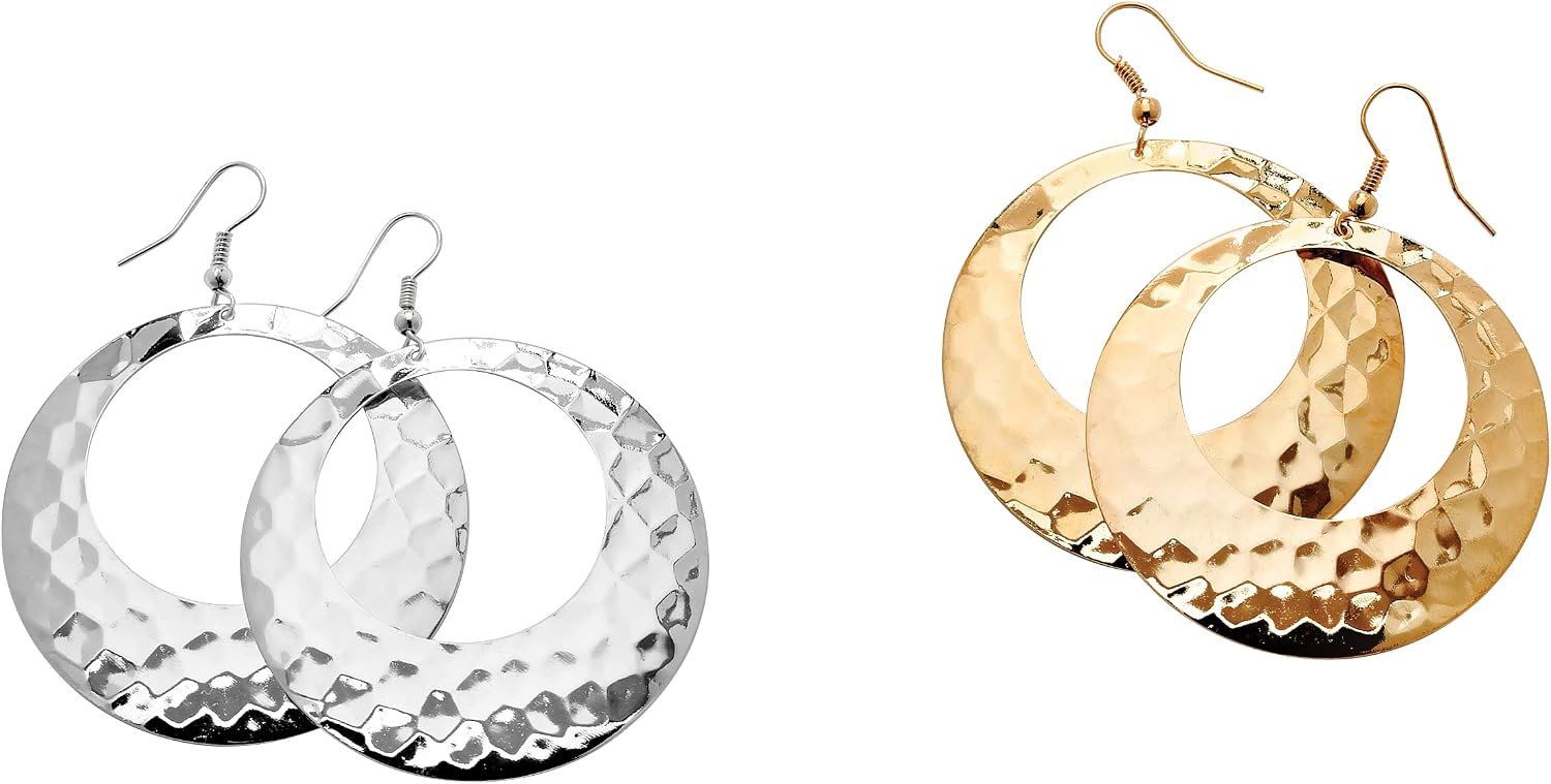 PalmBeach Goldtone and Silvertone Hammered 2 Pair Hoop Earring Set (60mm)