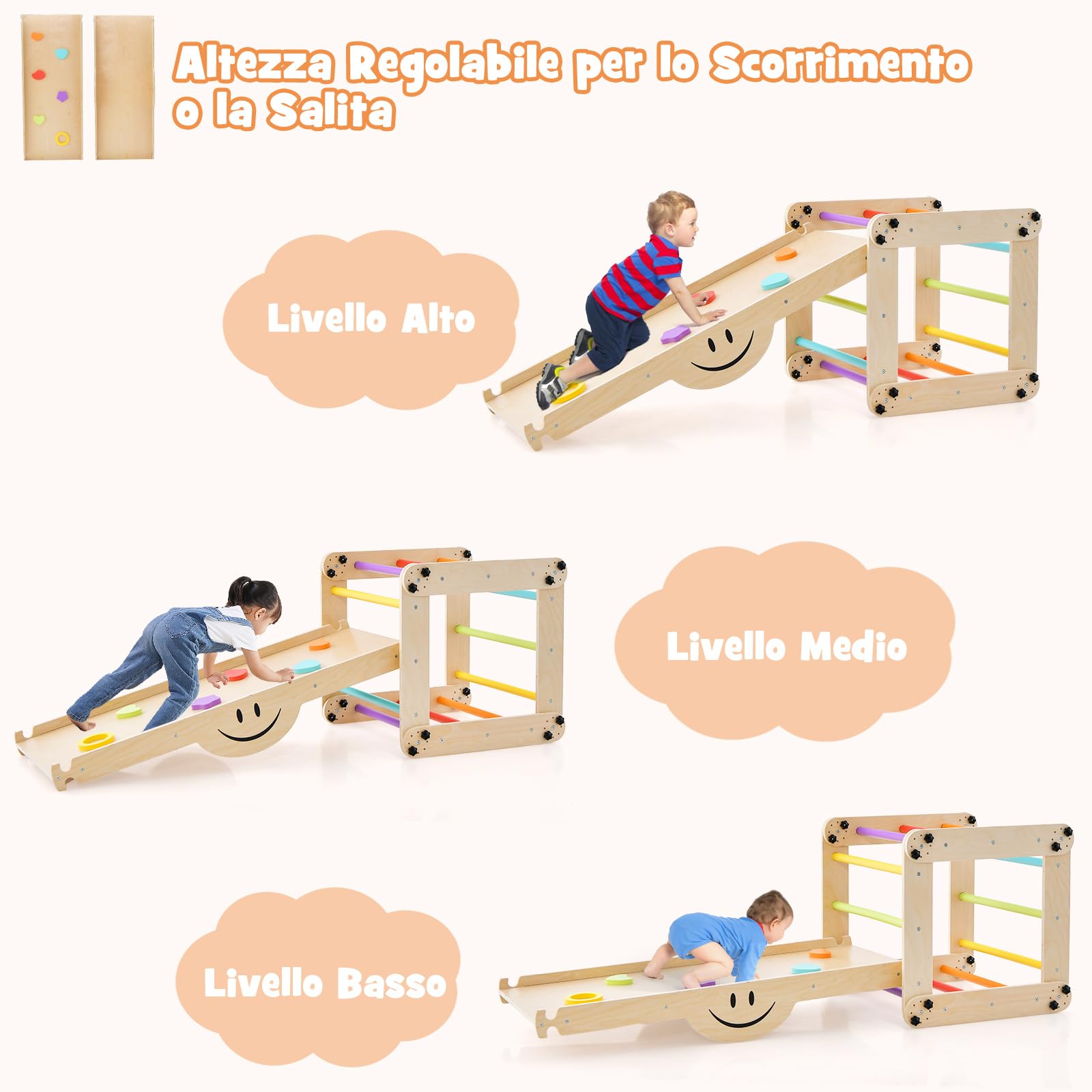 COSTWAY 5 in 1 Set da Arrampicata per Bambini, Giochi da Arrampicata Pieghevoli in Legno con Rampe Regolabili e Reversibili, Scala da Arrampicata per Bambini 3+ Anni (Colorato)