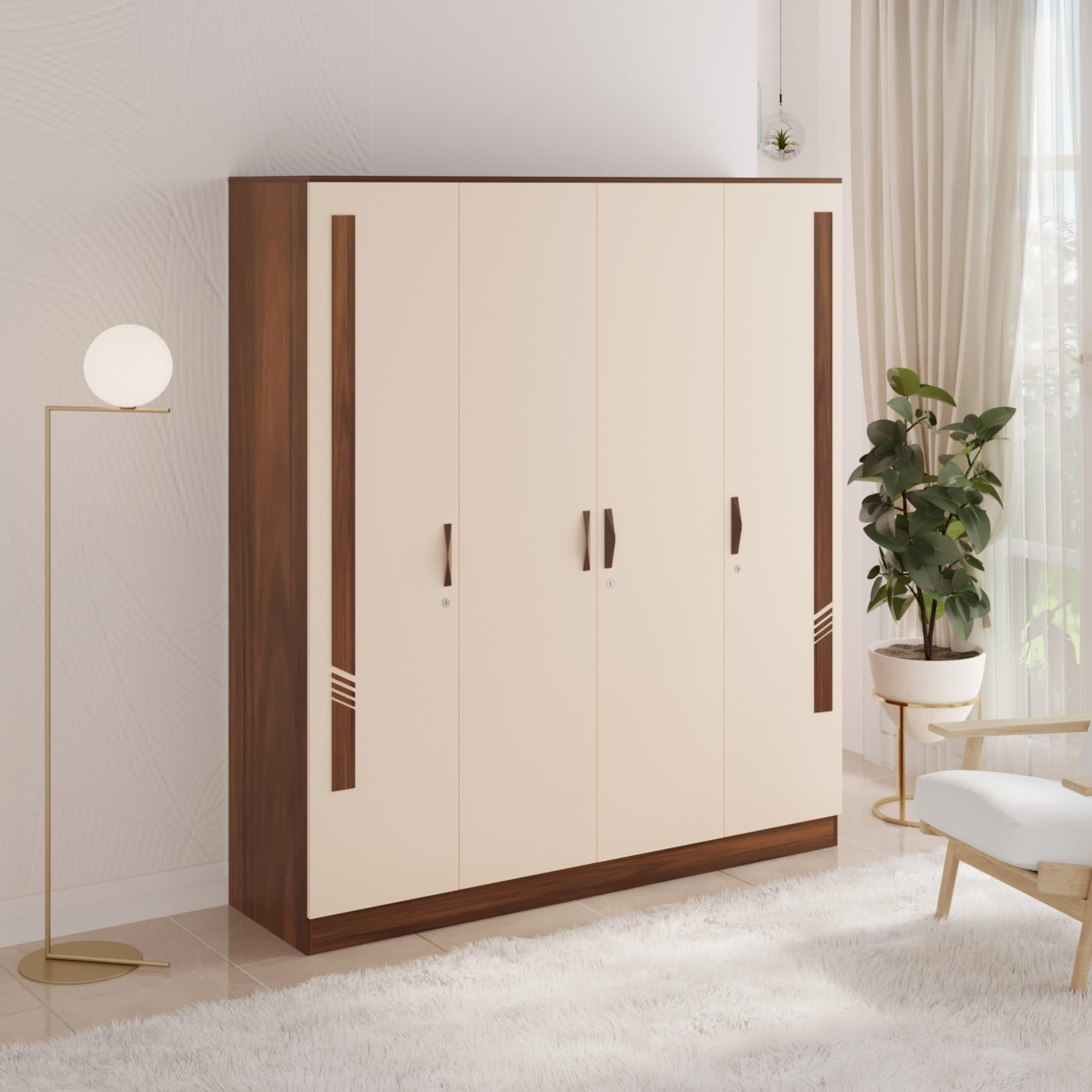 BLUEWUD Andrie Engineered Wood 4 Door Wardrobe/Clothes Storage Rack Organizer Almirah Cupboard with Hanger Rod Drawers and Shelves for Bedroom Home Furniture (Brown Maple & Beige)-image-12