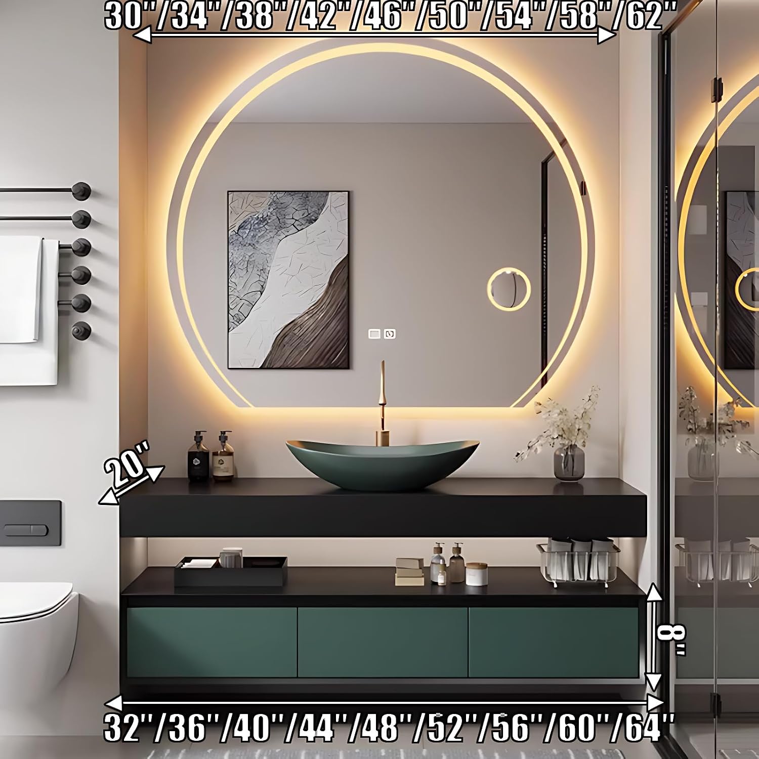 Wall Mounted Bathroom Vanity Set with Sink – Modern Bathroom Vanity Cabinet with LED Anti-Fog Mirror, Seamless Basin, Soft Close, Floating Cabinet with Sink (Green,36IN)