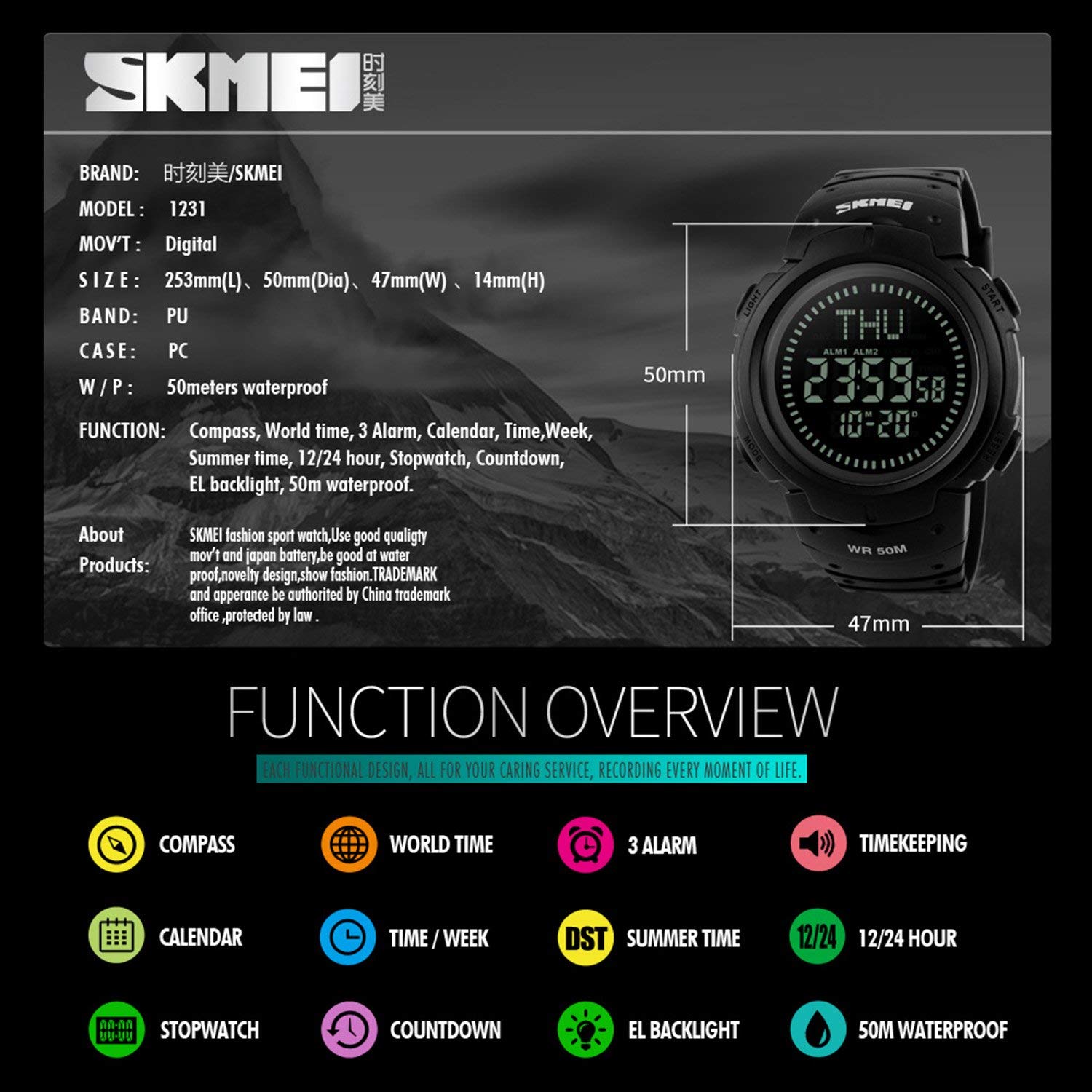 Montre numérique de sport militaire pour homme avec boussole de survie étanche jusqu'à 50 m, compte à rebours 3 alarmes, chronomètre (C-noir) (vert armée)