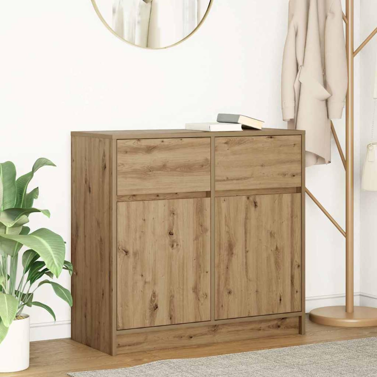 Gecheer Credenza con Cassetti in Legno Tecnico 80x34x76 cm Rovere Artigianale per Soggiorno, Zona Pranzo e Ufficio a Casa