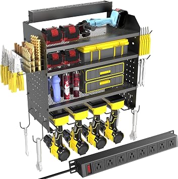 Power Tool Organizer Wall Mount with 8-Outlet Charging Station 190lbs Load | 4 Layers Carbon Steel Heavy Duty Drill Holder Wall Mount for Garage & Workshop, 4 Drill Holders, Gifts for Men Dad Birthday
