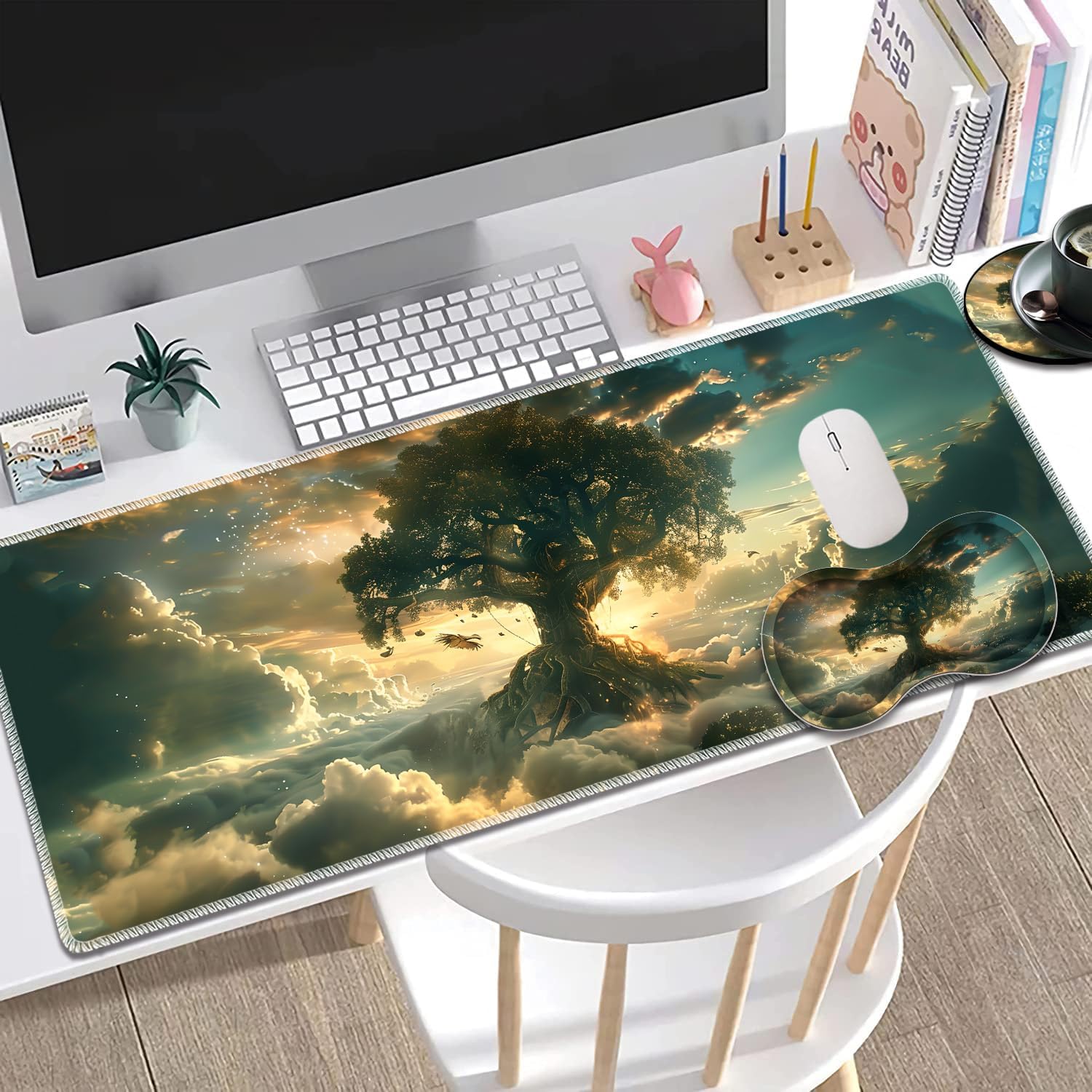 Large Gaming Mouse Pad + Mouse Wrist Rest Pad + Coaster Combination, 31.5 "x 11.8" Durable Non-Slip Extension Table Mat, Suitable for Office and Home, Cloud Tree