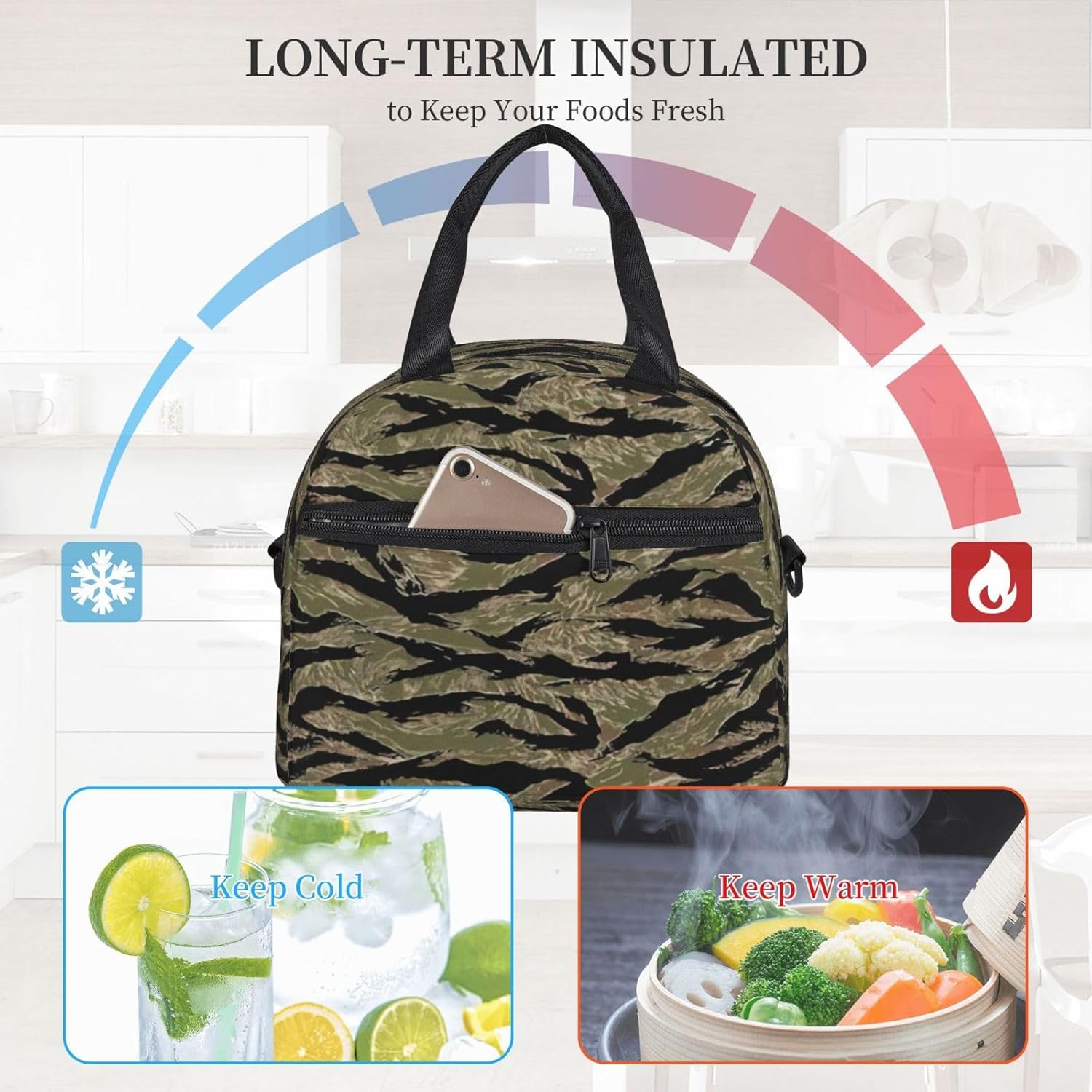 Tiger Stripe Camo Print Reusable Lunch Bag Insulated Lunch Boxes for Office Work Picnic Tote Bag Adjustable