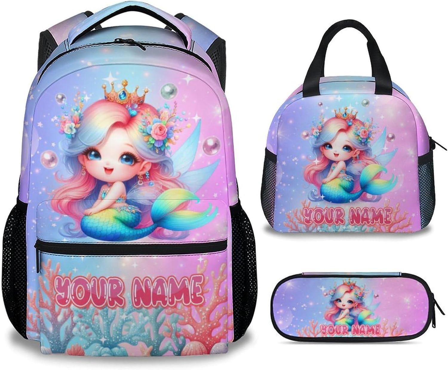 Custom Chicken Backpack with Lunch Box, 3PCS Kids School Backpacks Matching Combo for Middle School, Personalized Funny Bookbag and Pencil Pouch Bundle