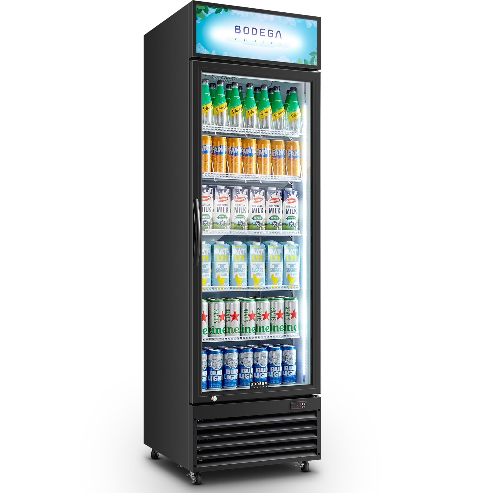 BODEGACOOLER Commercial Merchandiser Refrigerator, 15.5Cu. Ft Glass Door Upright Display Fridge, Beverage Refrigerator Cooler with LED Light, 4 Strong Castors for Stores, Restaurant, Office(Black)