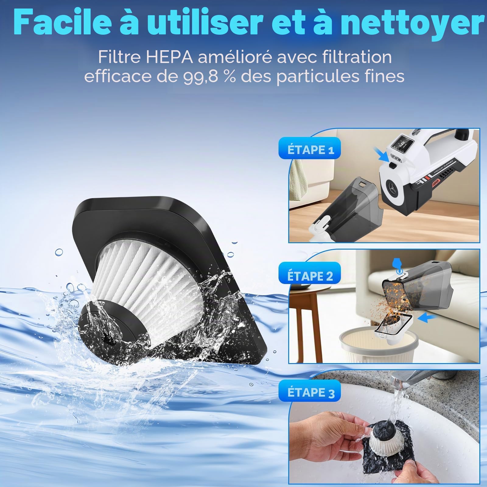 Aspirateur Voiture, 3-en-1 Aspirateur Portable Sans, 16000PA Forte Aspiration，Type-C Charge, Filtre HEPA Lavable, Petit Aspirateur Pour La Voiture, La Maison, Le Bureau, Les Résidus De Nourriture