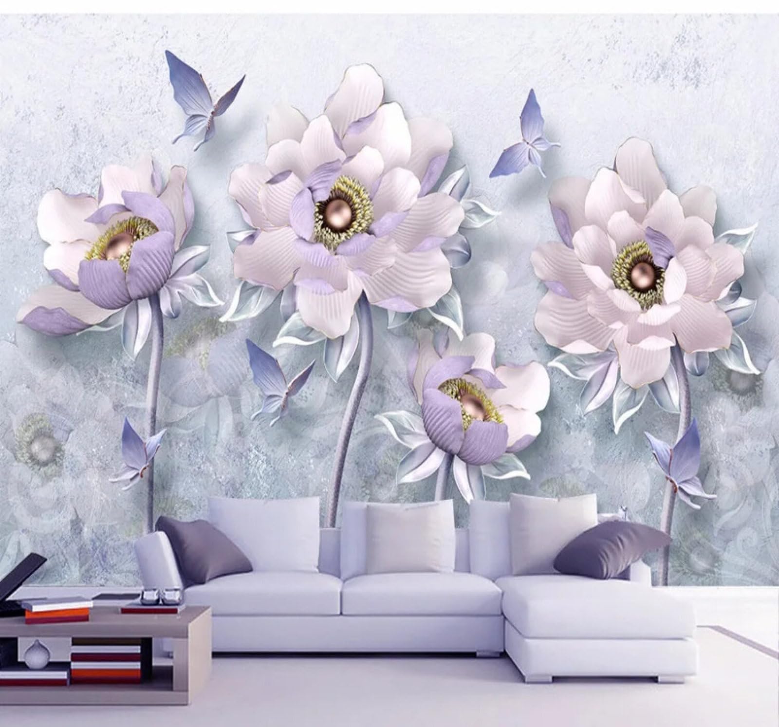 Wallpaper-3D-Xlm 350Cm×256Cm(B×H) Vintage Embossed Exquisite Floral Butterflies 3D Wallpaper Easy Install Feature Office Living Room Sofa Bedroom Tv Background Wall Decoration-350Cm×256Cm