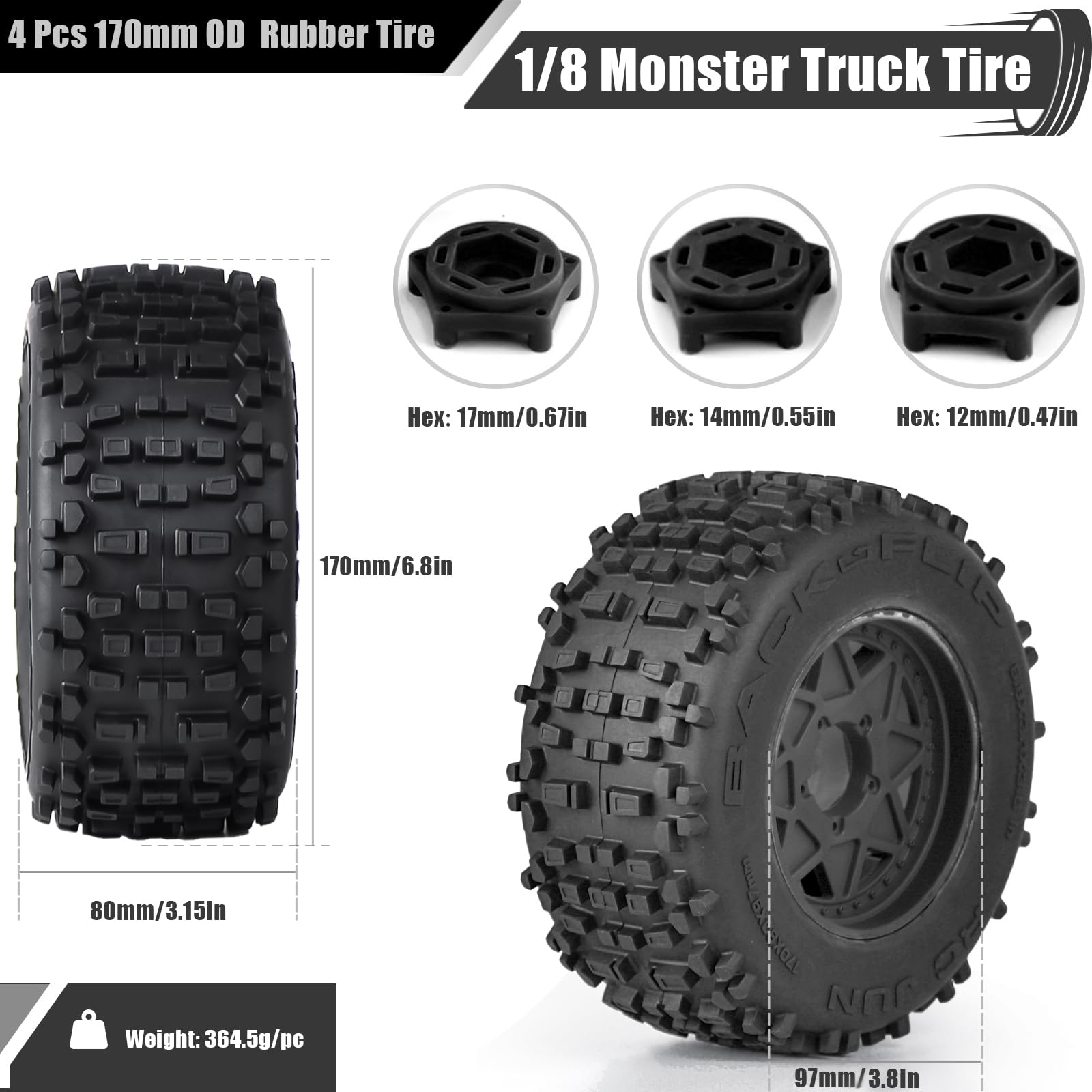 3.8" MT Monster Truck Tires with Foam Insert, 17mm/14mm/12mm Hex Adapters Included, Compatible with TRAXXAS Sledge - Image 2