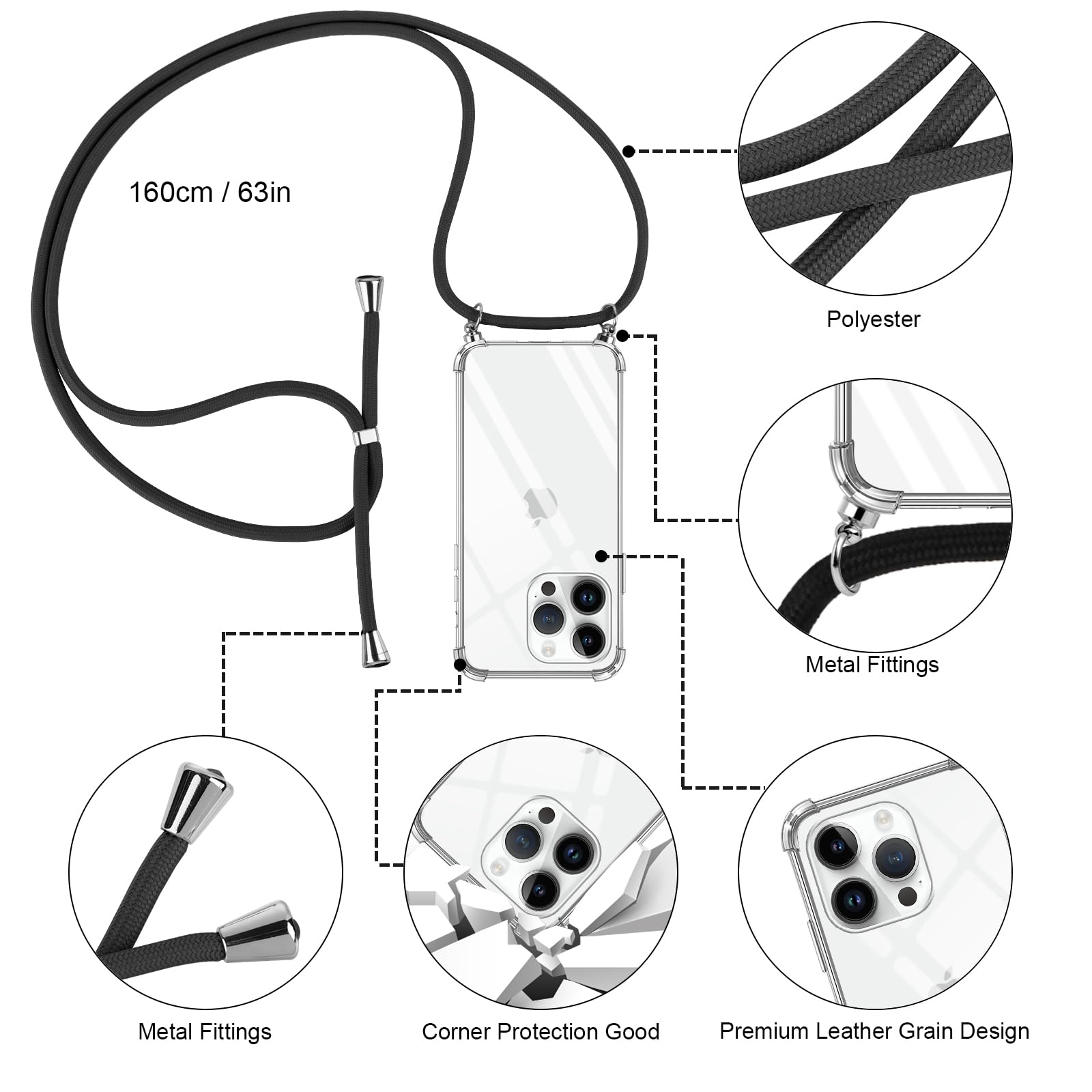 Coque IPhone 15 Avec Cordon Collier Pnakqil - Transparente, Anti-Choc + 2 Verres Trempés - Noir