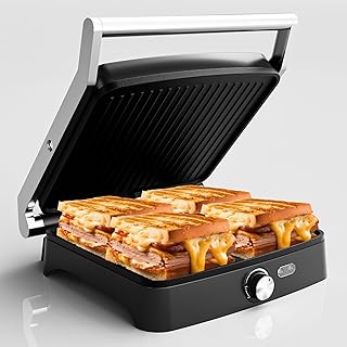 Panini Press, 4 Slice Grill Sandwich Maker and Griddle Grill Combo with Non-Stick Plates, Opens 180° for Indoor BBQ/Flat Top Grill, Stainless Steel, 1200W