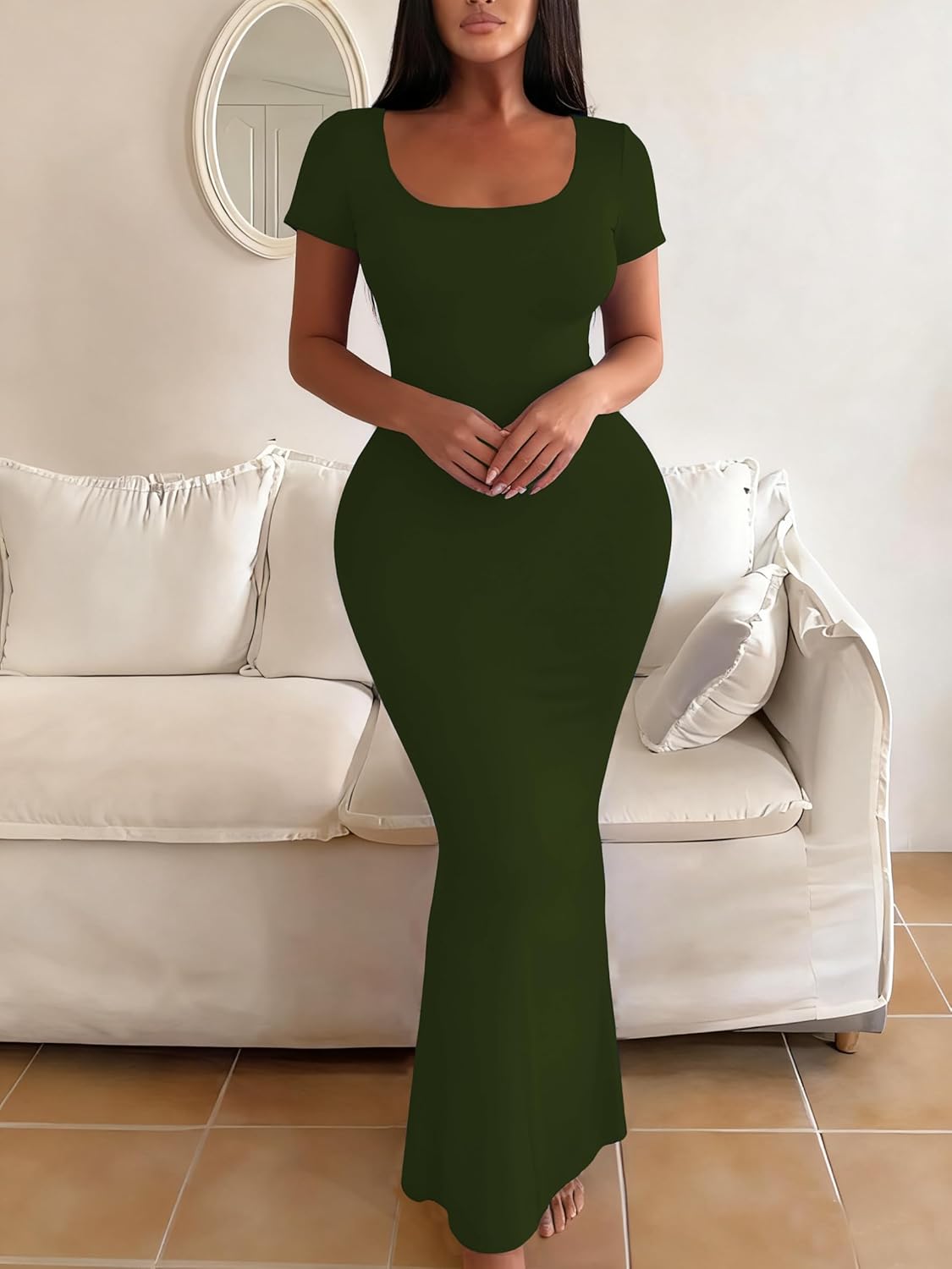 HBQ Women's Summer Bodycon Maxi Dress Short Sleeve Square Neck Lounge Dresses Sexy Night Out Party Dress - Image 3