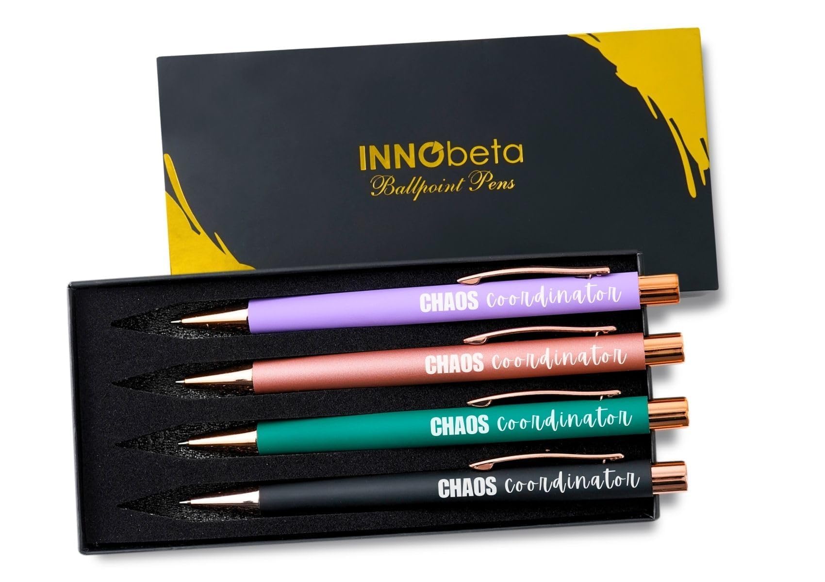 InnoBeta Chaos Coordinator Gifts, Ballpoint Pen Set of 4, Funny Inspirational Pens, Office Thank You Gifts for Social Workers, Managers, Boss Lady,