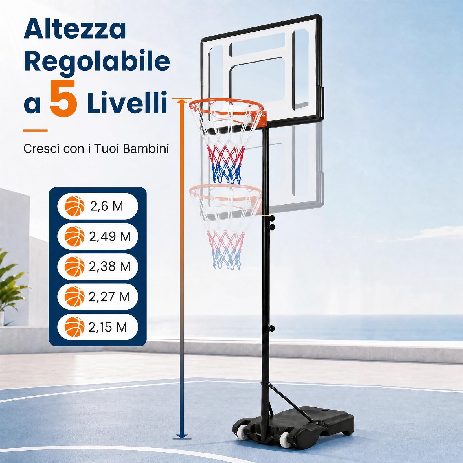 COSTWAY Canestro da Basket per Esterno e Interno 263-308 cm | Canestro Baskat per Bambini e Adulti Regolabile Altezza Portatile con Base Riempibile, Tabellone Infrangibile, Rete e Ruote