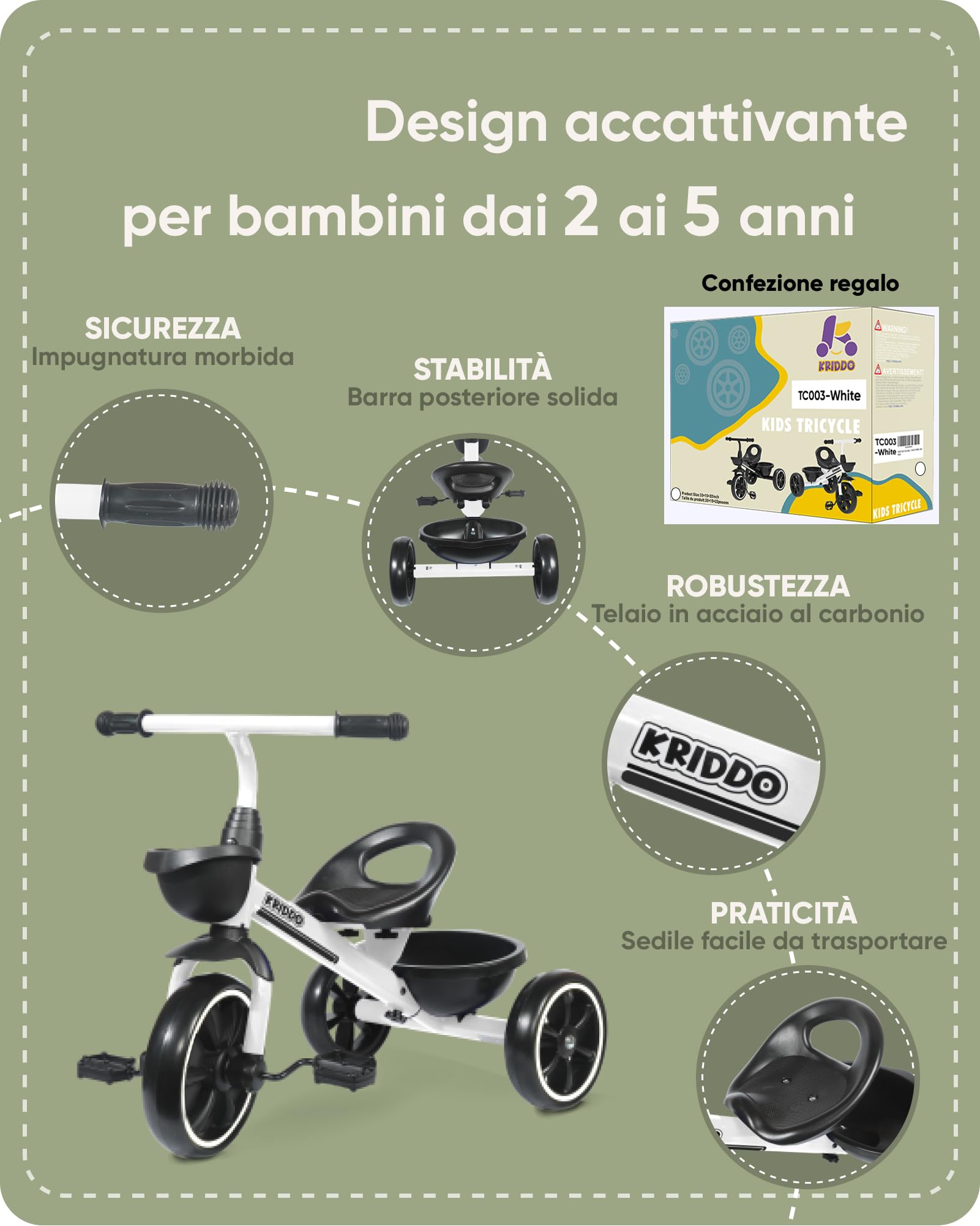 KRIDDO Triciclo per Bambini dai 24 mesi ai 5 anni, Tricicli per bambini da 2,5 a 5 anni, Triciclo Evolutivo da 2 a 4 anni, con Cestello Portaoggetti, Ideale da regalare, Bianco