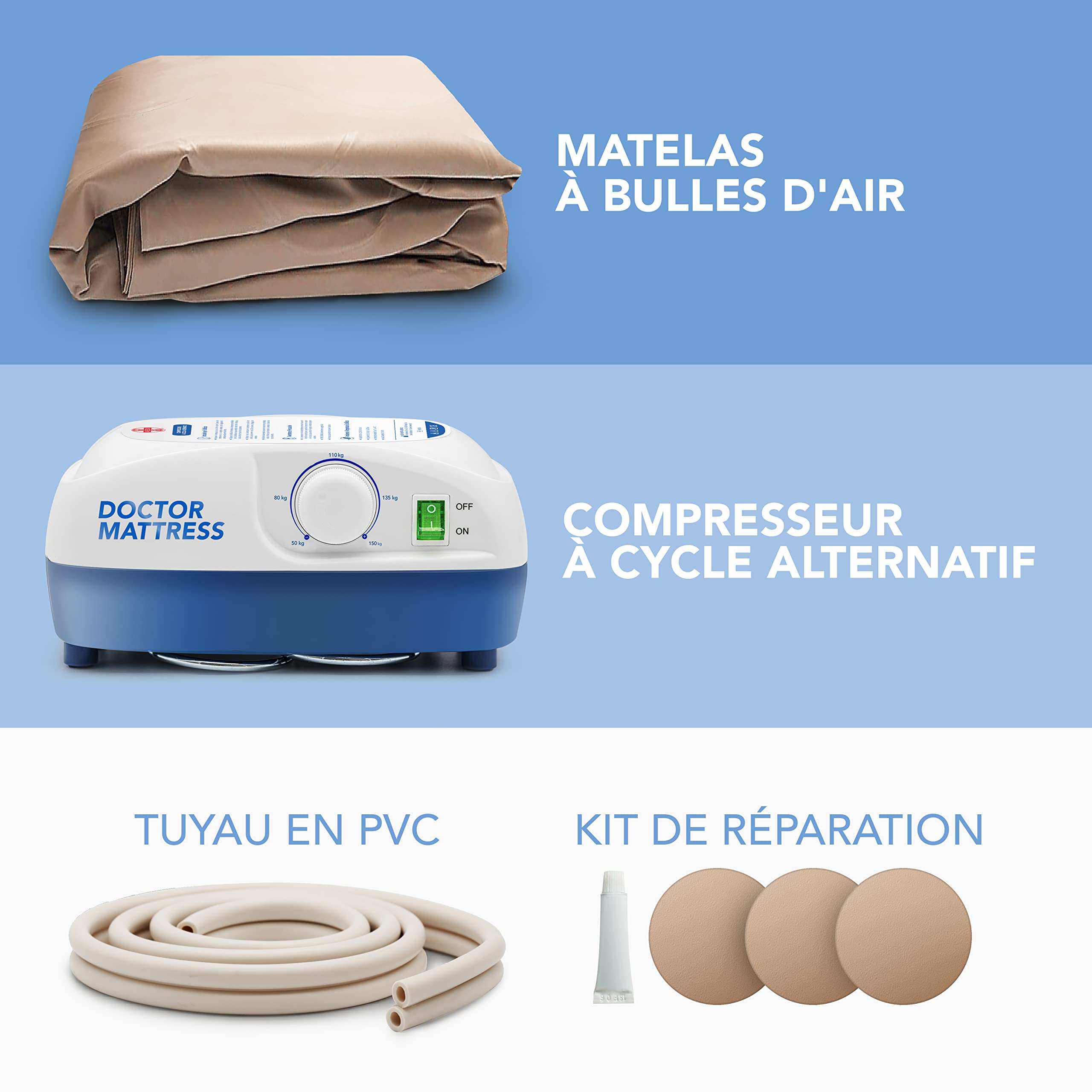 AIESI® Matelas Anti escarres a air avec compresseur réglable à Cycle alterné Doctor Mattress, 130 cellules, Capacité 150 kg, Super Silencieux, Kit de réparation, Garantie 24 Mois
