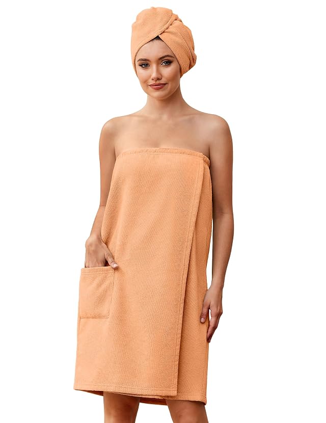 Ekouaer Towel Wrap for Women with Hair Towel Lightweight Knee Length Spa Body Bath Adjustable Closure Bathrobe with