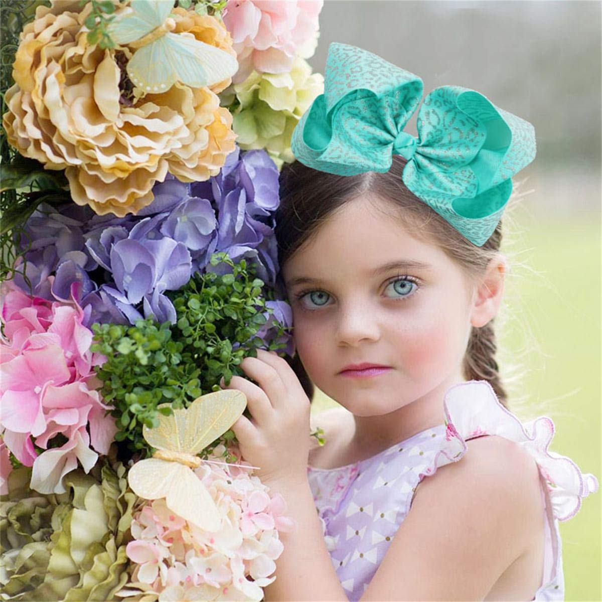 DED 8 Pcs Big Large Hair Bows 8 Inch Rainbow Sparking Colorful Grosgrain Ribbon Alligator Clips for Baby Girls Teens Kids
