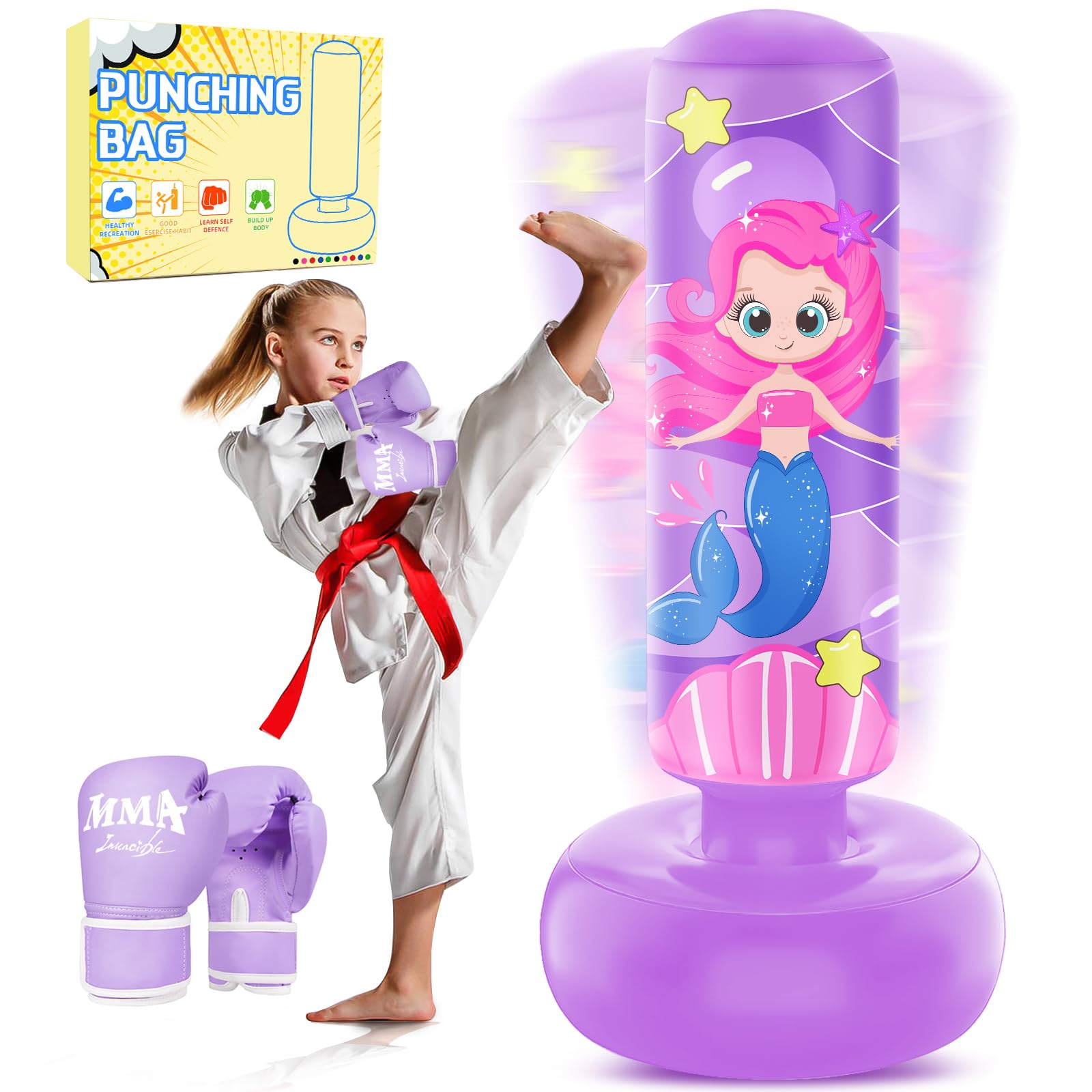 Inflatable Punching Bag for Kids to 12, 67'' Boxing Bag with Stand  Kicking Bag with Boxing Gloves, Kickboxing Bag for Training Boxing Sports  Karate