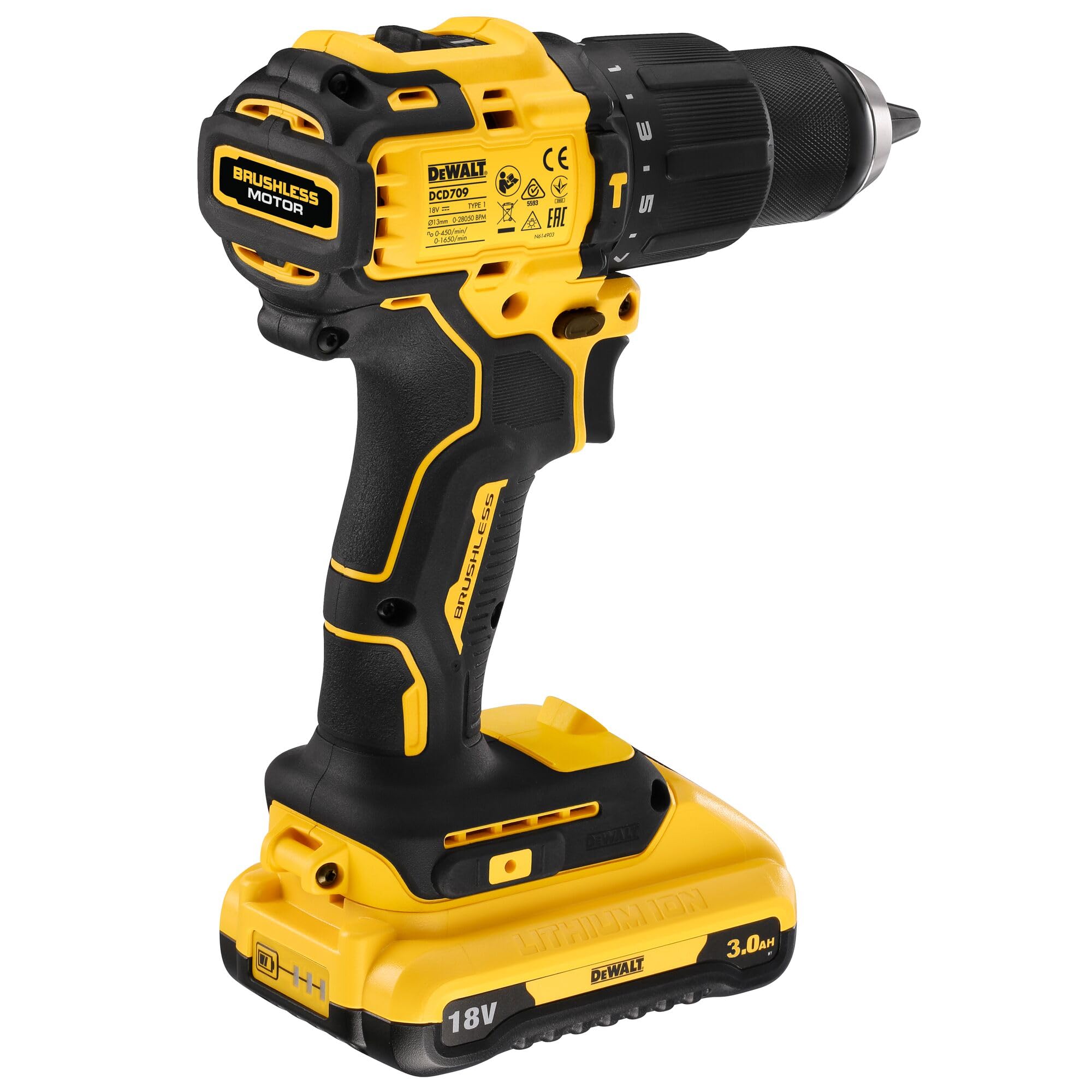 DEWALT DCD709L2T-QW - Trapano Avvitatore Compatto 2 Velocità con percussione 18V motore BRUSHLESS. DOTAZIONE: 2 batterie XR Litio da 3.0Ah, caricabatterie, gancio per cintura, valigetta TSTAK.