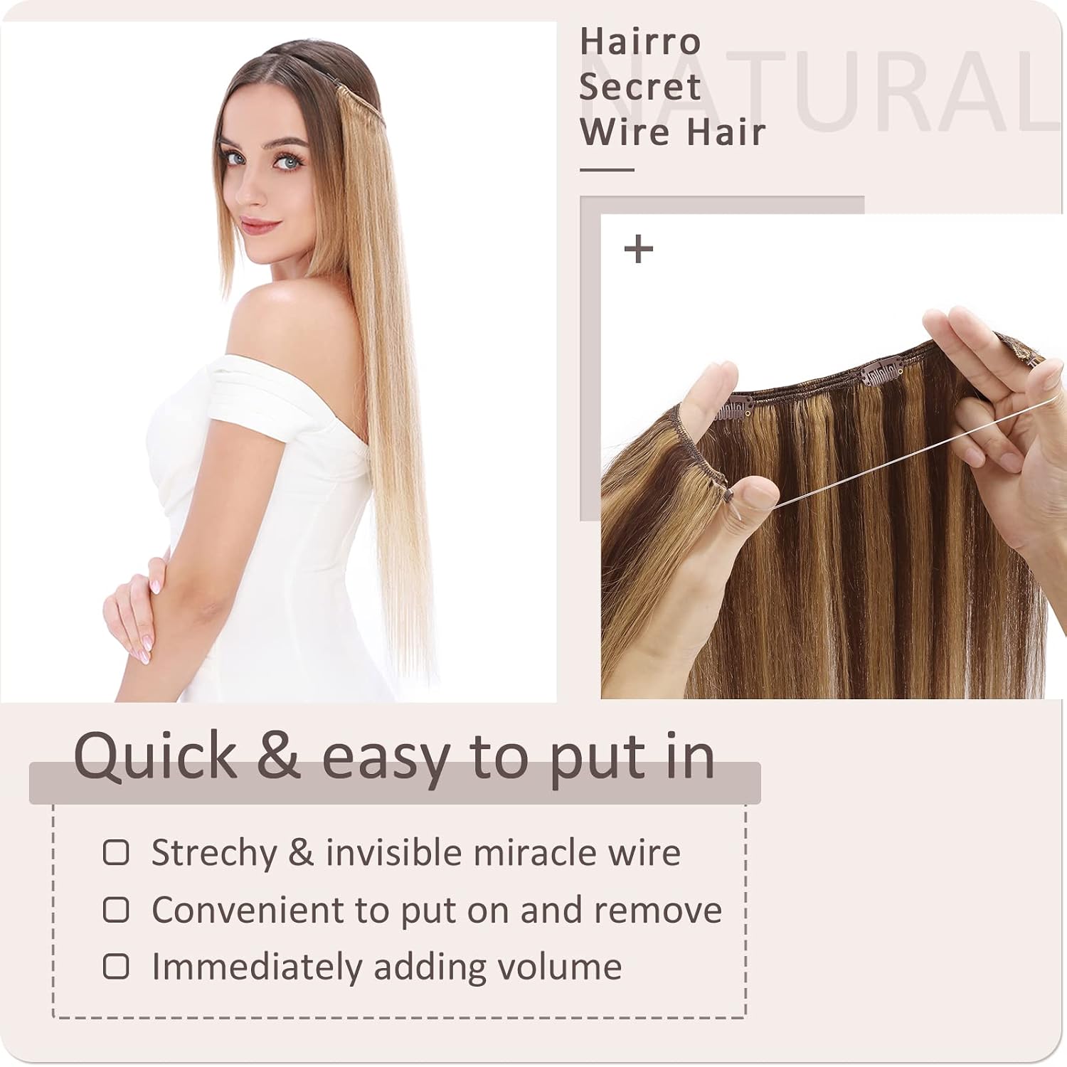 Hairro Wire Hair Extensions Serect Fish Line Hairpiece With Transparent Fish Wire Couture Hair Piece with Clip String Hair Extensions For Women 20" 70g #4P27 Medium Brown Mix Dark Blonde