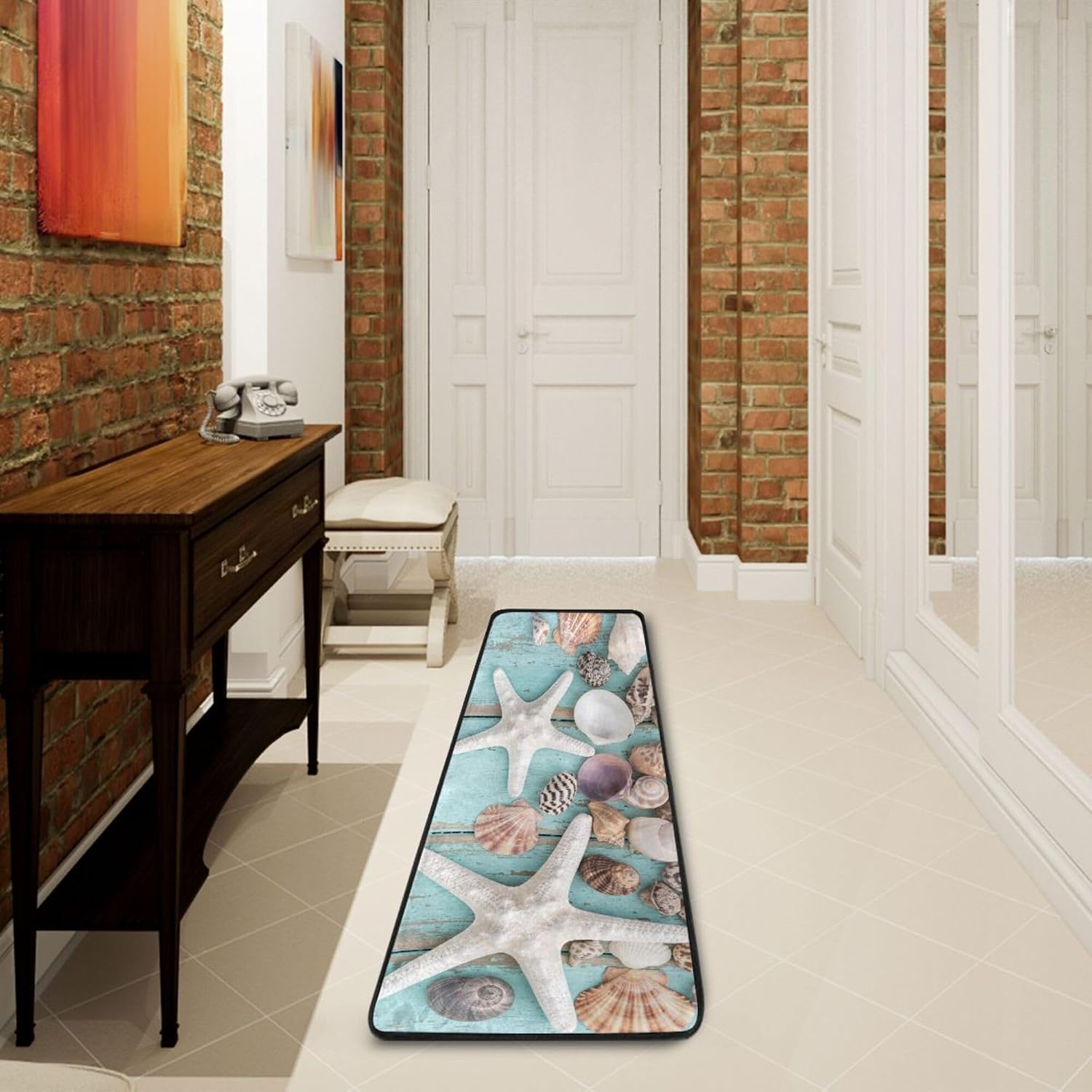 MNSRUU Long Runner Rug for Hallway Colorful Seashells On Blue Area Rug Indoor Runner Mat Entry Carpet for Corridor Kitchen Floor 2x6 FT