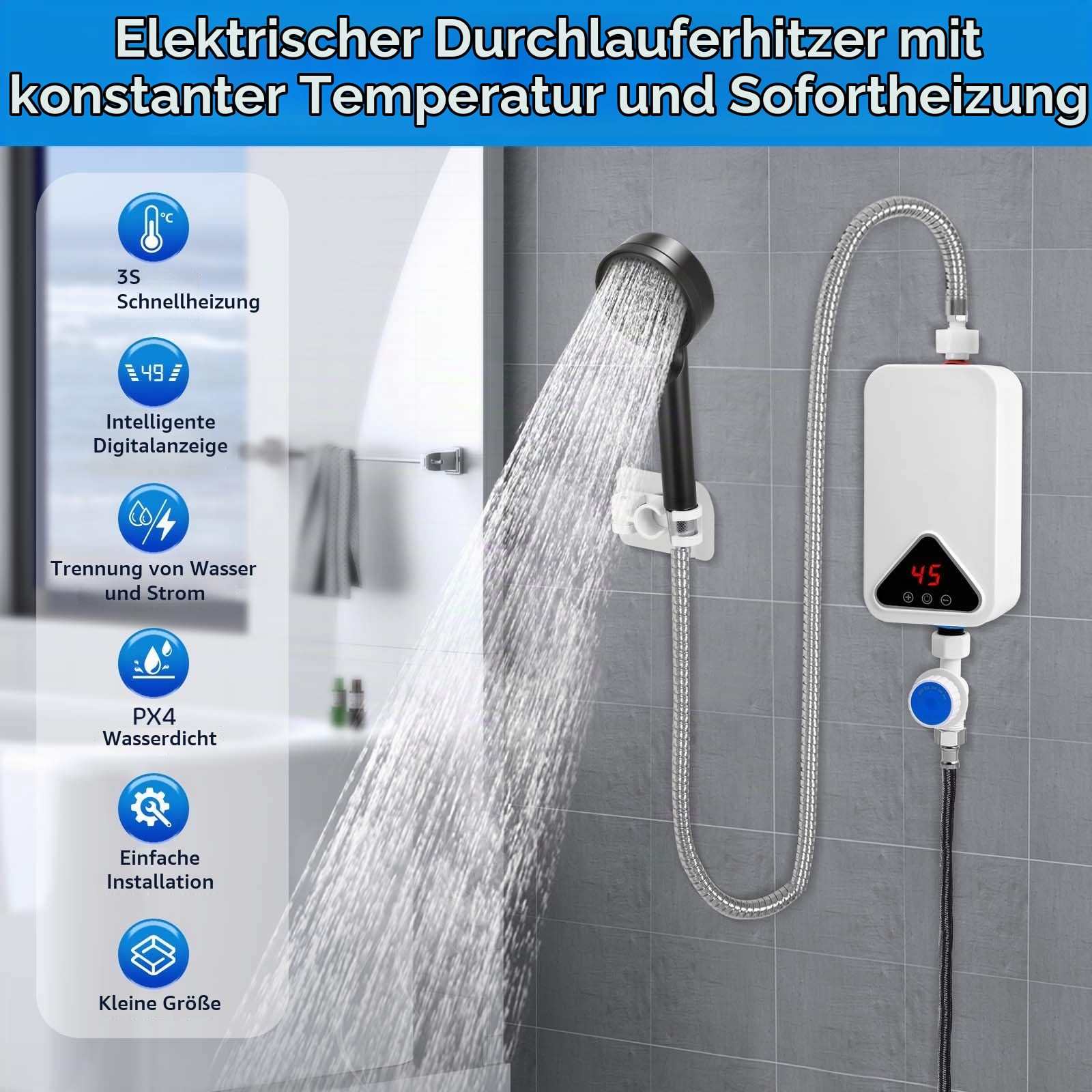 Elektronischer Durchlauferhitzer, 220 V 5500 W Mini Durchlauferhitzer, 30–55 °C, einstellbare Temperatur, Elektrische Warmwasserbereiter Tankloser mit LED-Anzeige für Küche, Badezimmer (RYK-009)