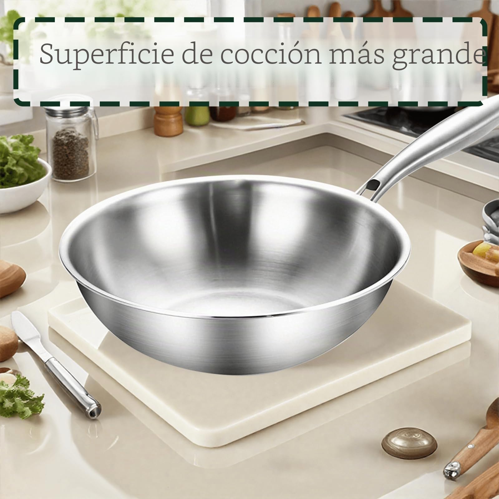Sartén de acero inoxidable de 24 cm para inducción, wok, toda la olla de acero de tres capas, con tapa, apta para inducción y cocina de gas, 20% de ahorro de energía, apta para horno hasta